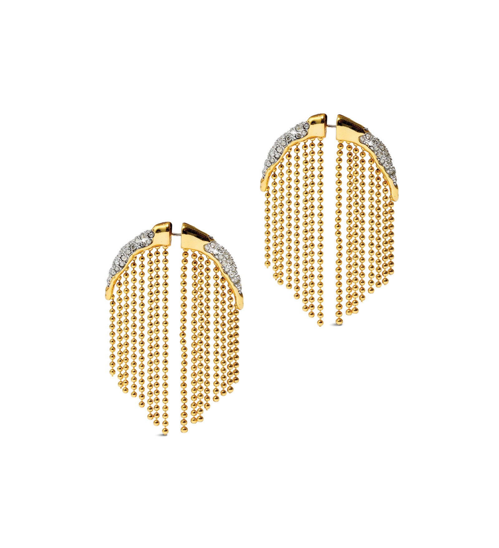 Solanales Crystal Fringed Front Back Earring 14k Gold Plated Brass, Crystal