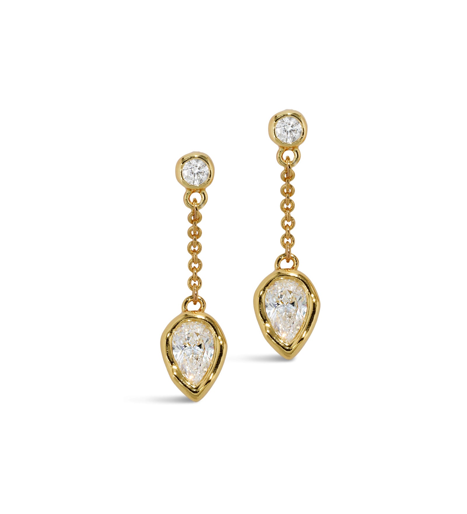 Asterales CZ Pear Drop Chain Post Earring 14k Gold Plated, Cubic Zirconia