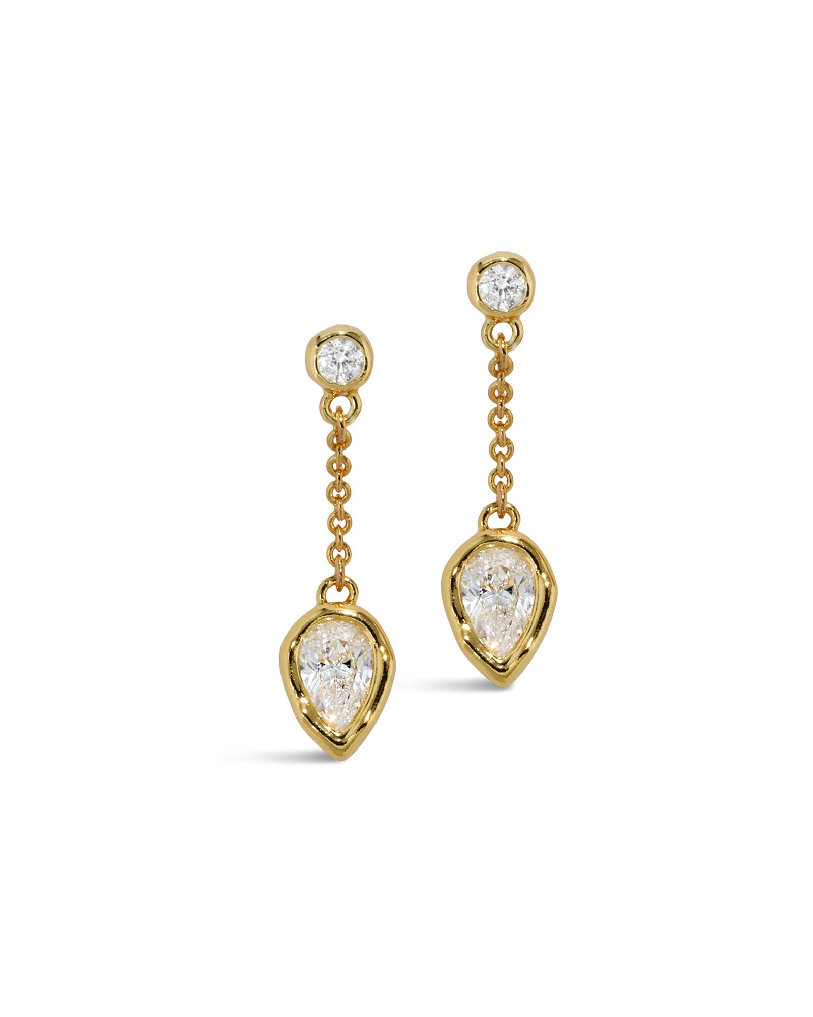 Asterales CZ Pear Drop Chain Post Earring 14k Gold Plated, Cubic Zirconia