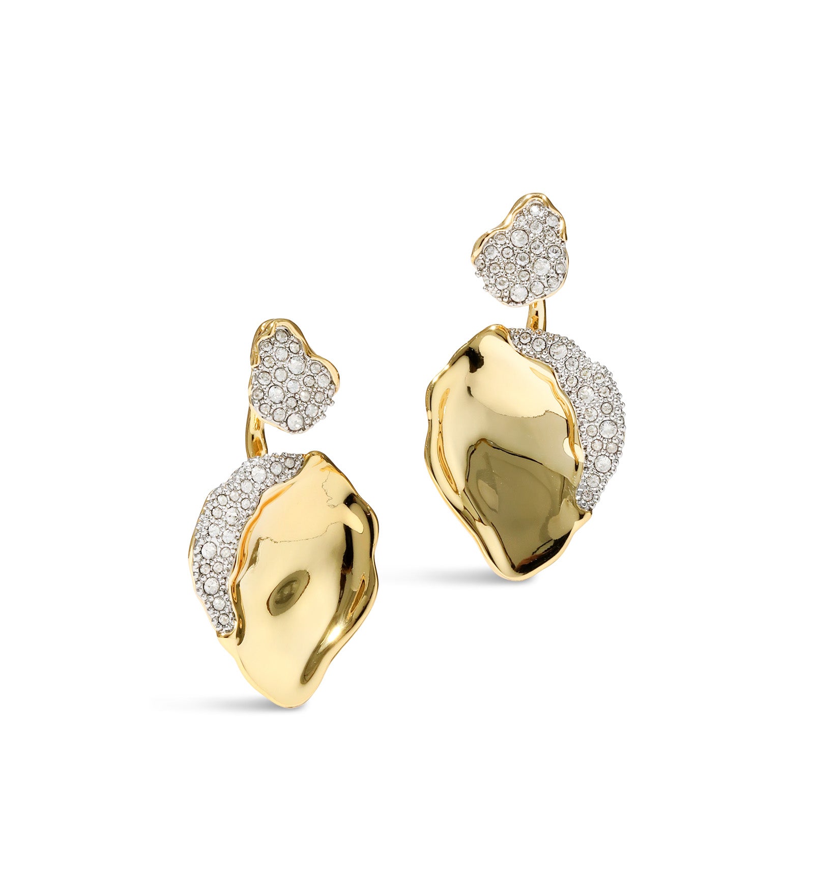 Solanales Crystal Gold Petal Front Back Earring 14k Gold Plated, Crystals