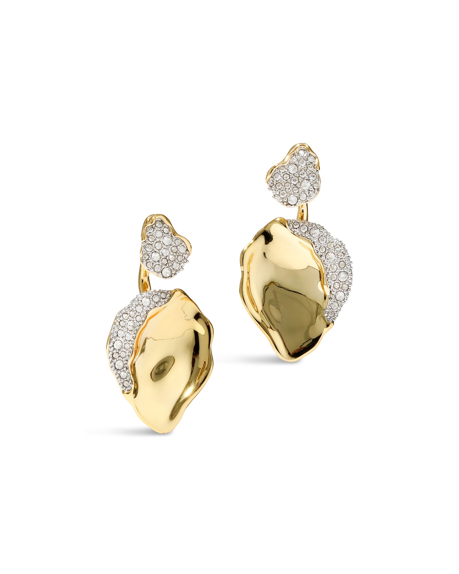 Solanales Crystal Gold Petal Front Back Earring 14k Gold Plated, Crystals