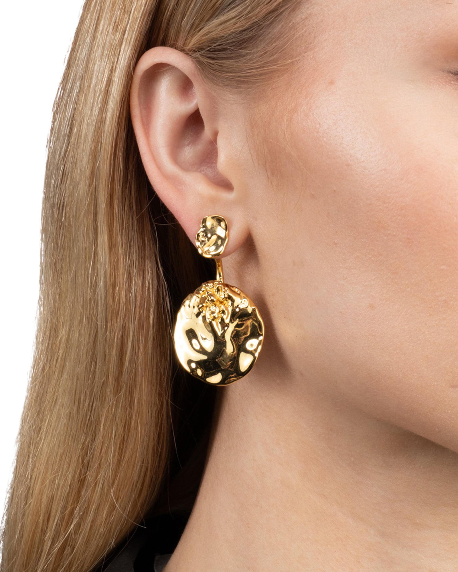 Brut Gold Coin Front Back Earrings 14k Gold Plated