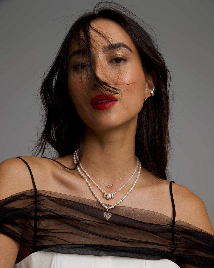 Adina Reyter-Graduated Pearl + Diamond Curve Necklace-Necklaces-14k Yellow Gold, Diamond-Blue Ruby Jewellery-Vancouver Canada