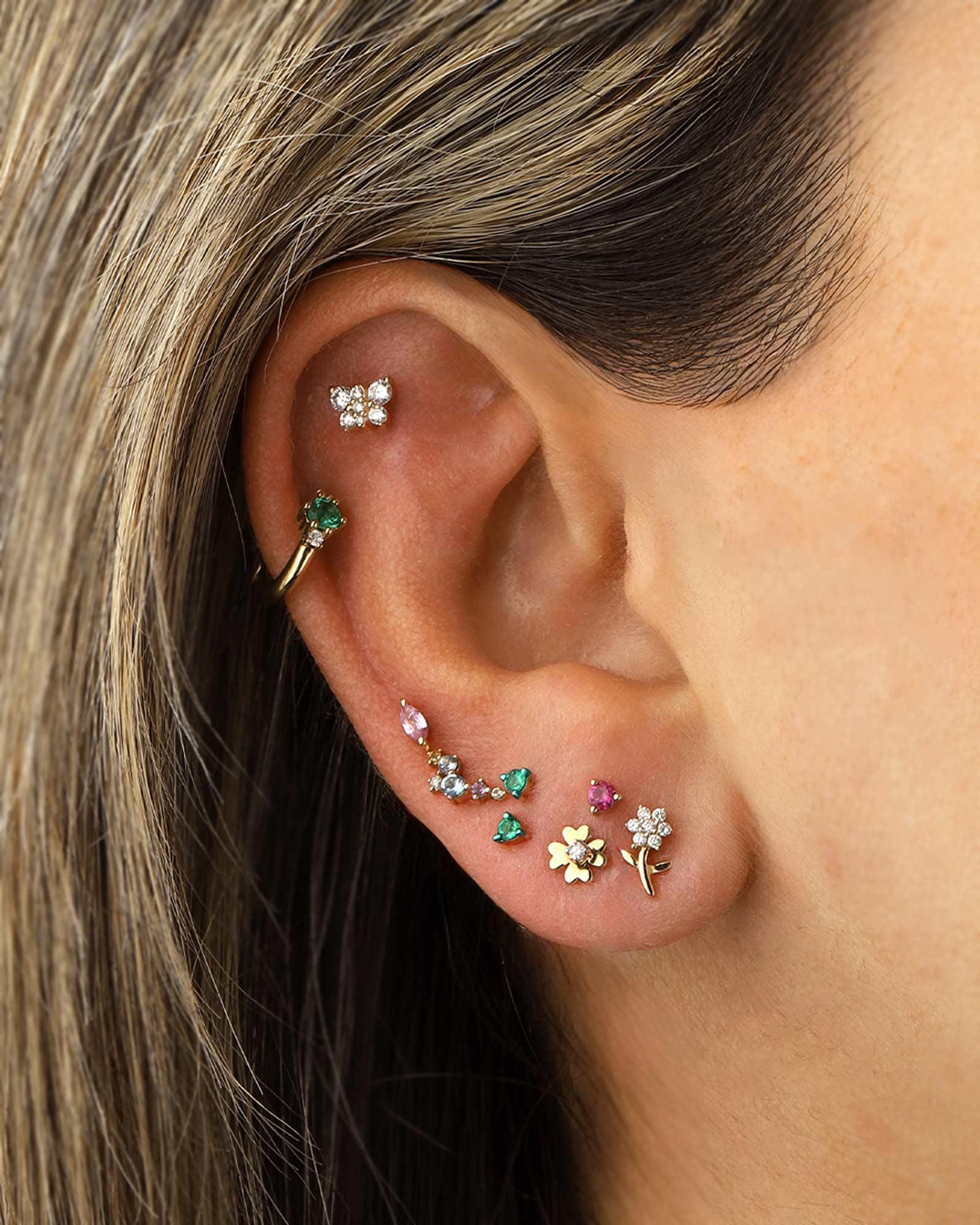Adina Reyter-Tiny Diamond Clover Studs-Earrings-14k Yellow Gold, Diamond-Blue Ruby Jewellery-Vancouver Canada