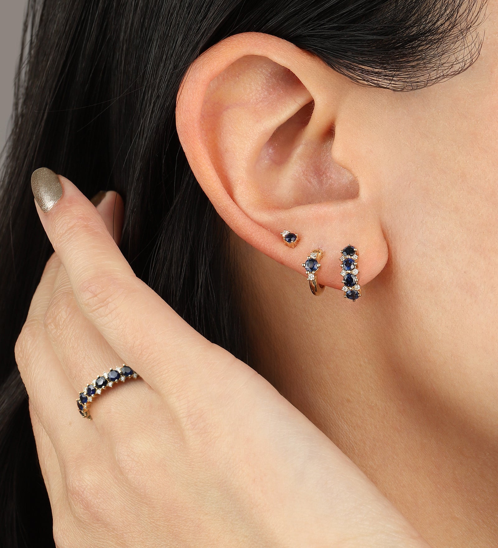 Adina Reyter-Sapphire + Diamond Rounds J Hoops-Earrings-Blue Ruby Jewellery-Vancouver Canada