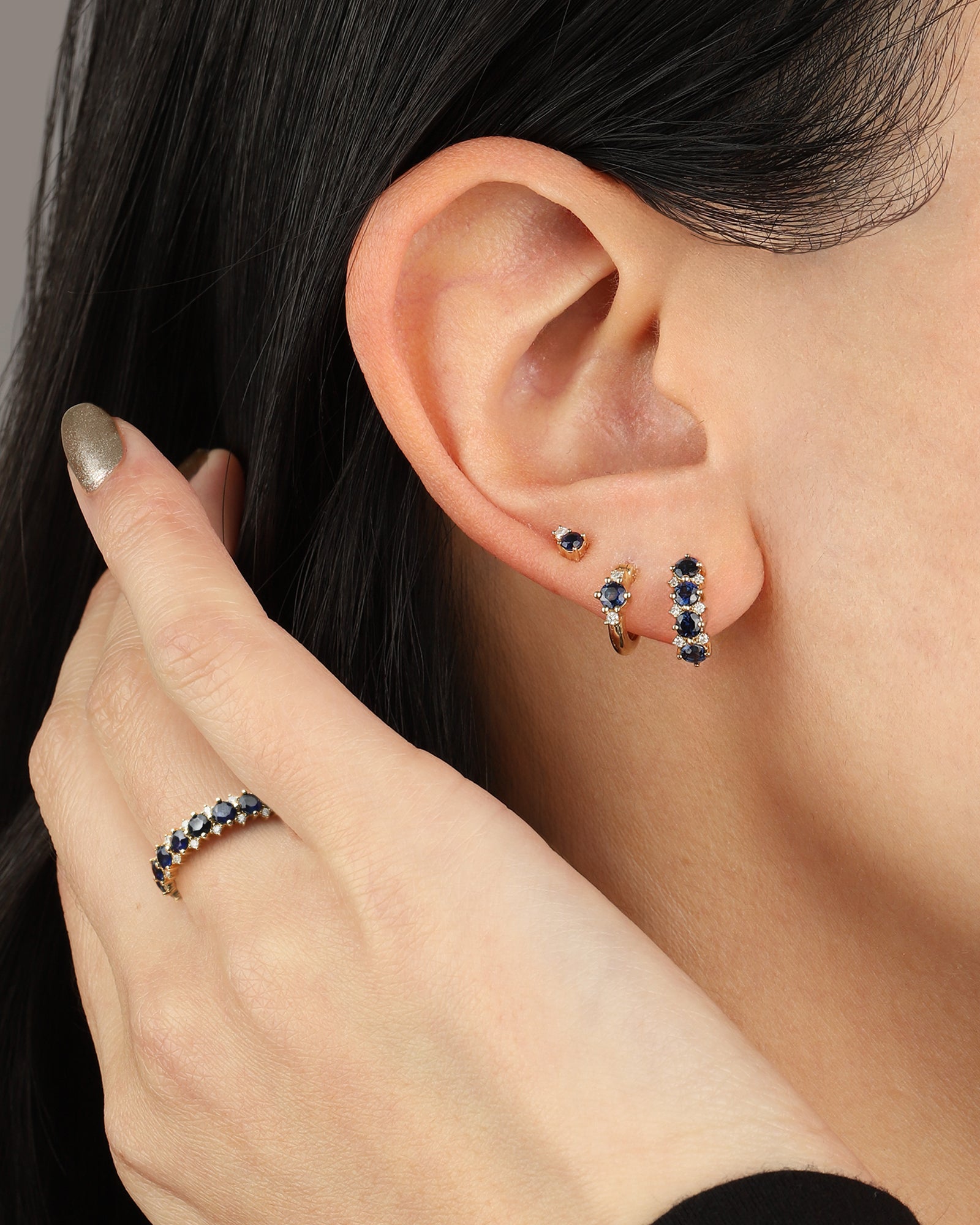 Adina Reyter-Sapphire + Diamond Trio Huggie Hoops-Earrings-Blue Ruby Jewellery-Vancouver Canada