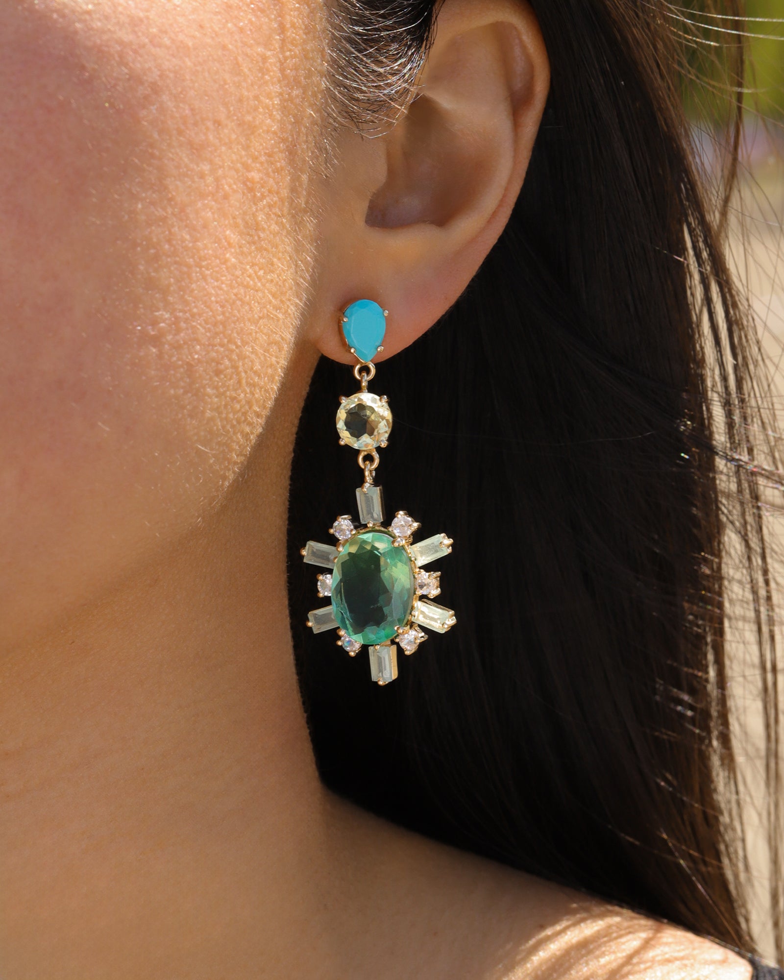 Atelier Mon-Starburst Drop Studs-Earrings-14k Gold Plated, Chalcedony-Blue Ruby Jewellery-Vancouver Canada