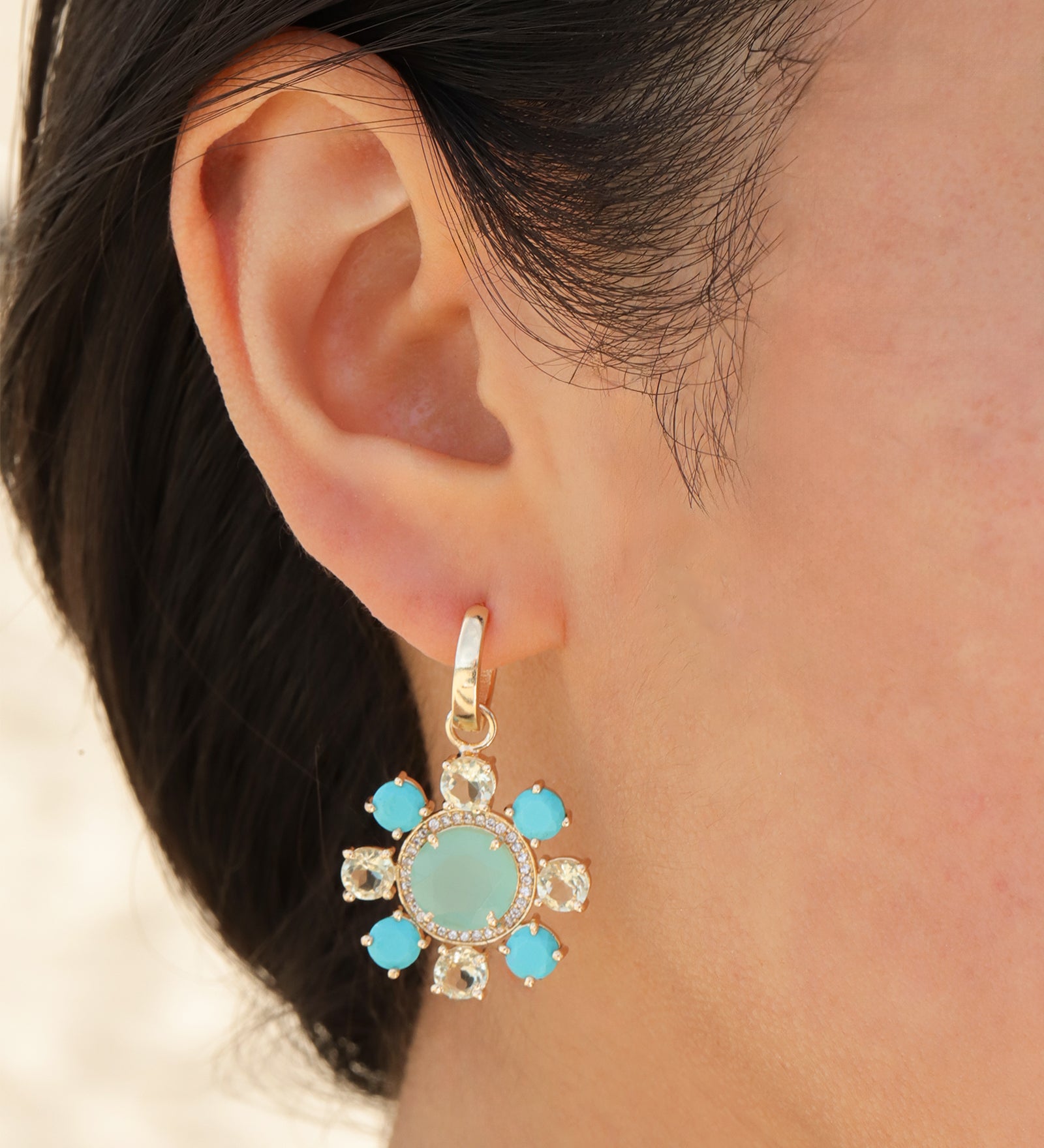 Atelier Mon-Stone Flower Huggies-Earrings-14k Gold Plated, Chalcedony-Blue Ruby Jewellery-Vancouver Canada