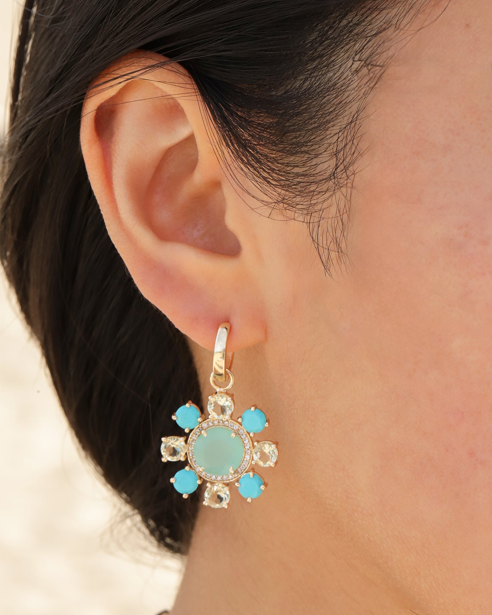 Atelier Mon-Stone Flower Huggies-Earrings-14k Gold Plated, Chalcedony-Blue Ruby Jewellery-Vancouver Canada