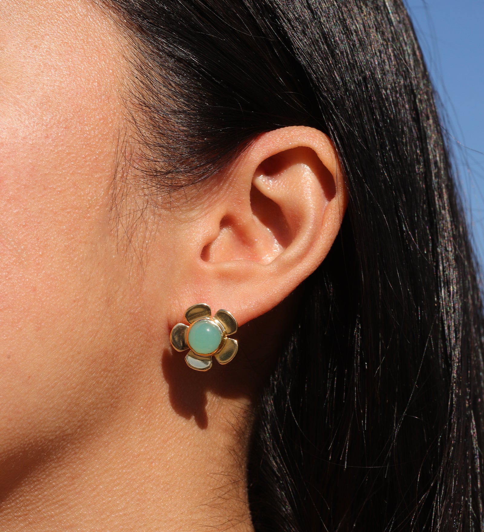 Atelier Mon-Daisy Stone Studs-Earrings-14k Gold Plated, Aqua Chalcedony-Blue Ruby Jewellery-Vancouver Canada