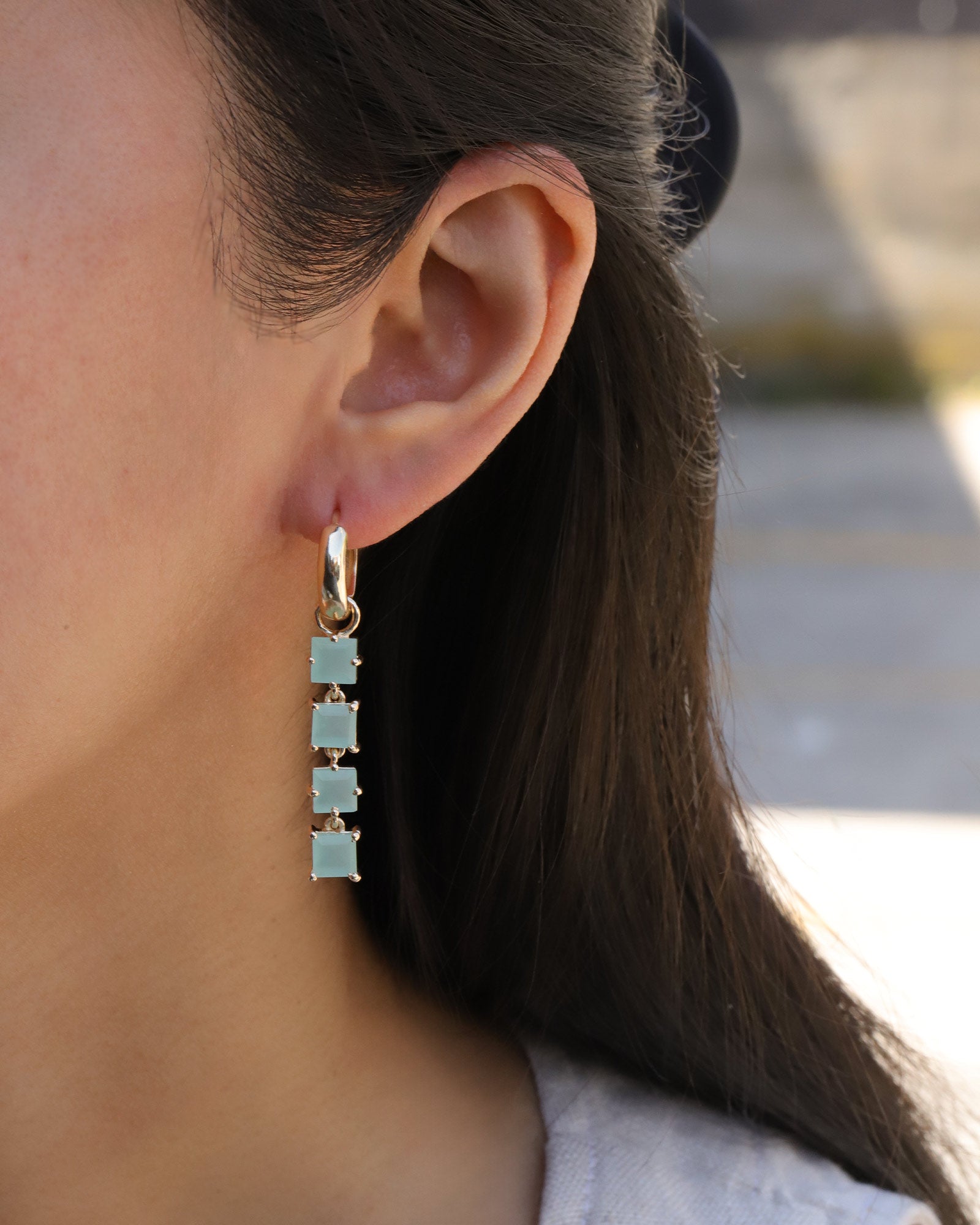 Atelier Mon-Four Square Stone Drop Pavé Huggies-Earrings-14k Gold Plated, Aqua Chalcedony-Blue Ruby Jewellery-Vancouver Canada