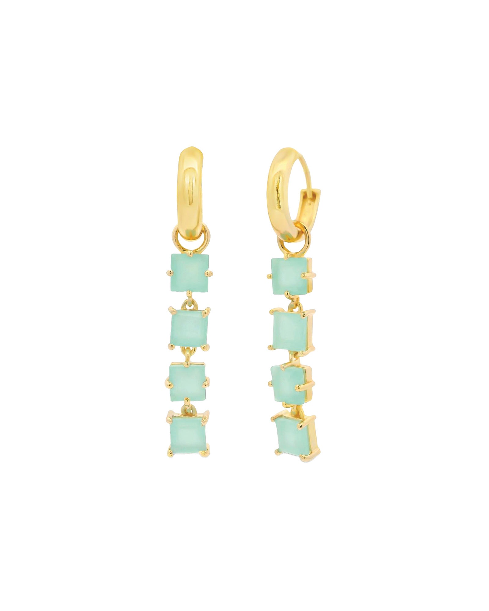 Atelier Mon-Four Square Stone Drop Pavé Huggies-Earrings-14k Gold Plated, Aqua Chalcedony-Blue Ruby Jewellery-Vancouver Canada