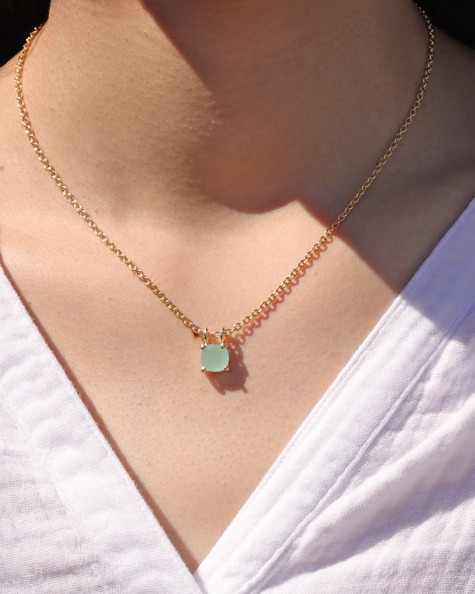 Square Stone Necklace 14k Gold Plated, Aqua Chalcedony