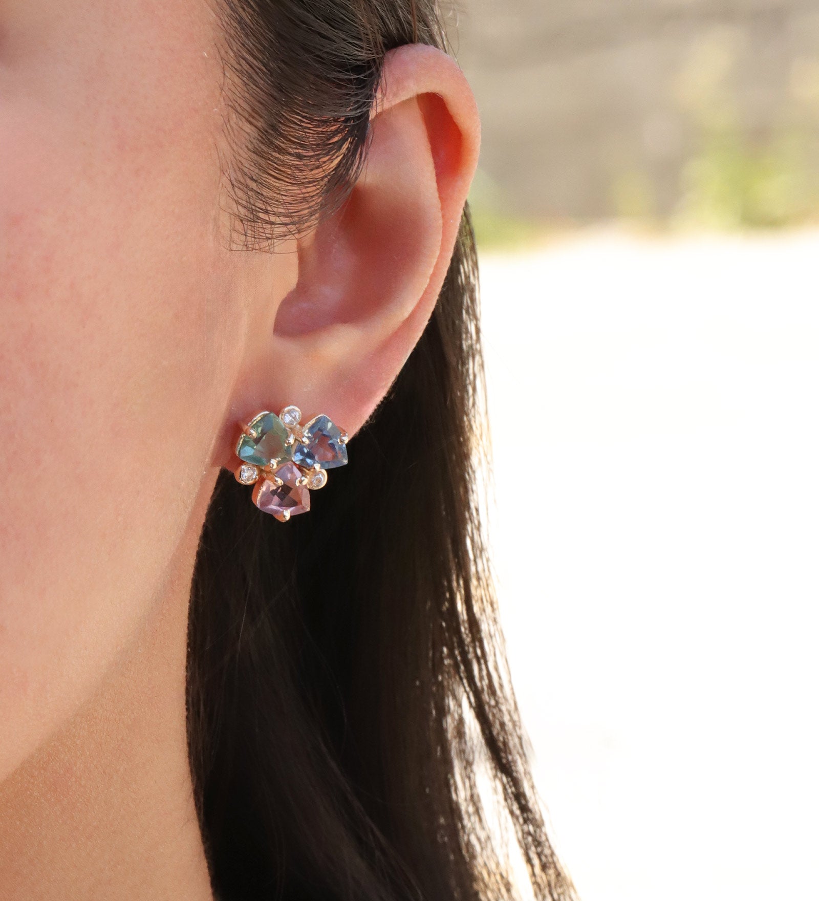 Atelier Mon-Three Petal Studs-Earrings-14k Gold Plated, Hydro London Blue Topaz-Blue Ruby Jewellery-Vancouver Canada