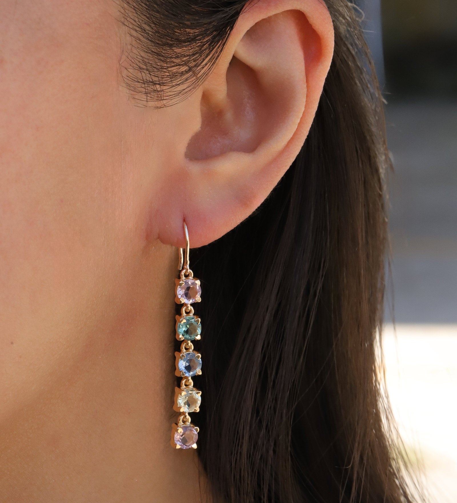 Atelier Mon-Five Stone Drop Hooks-Earrings-14k Gold Plated, Hydro London Blue Topaz-Blue Ruby Jewellery-Vancouver Canada