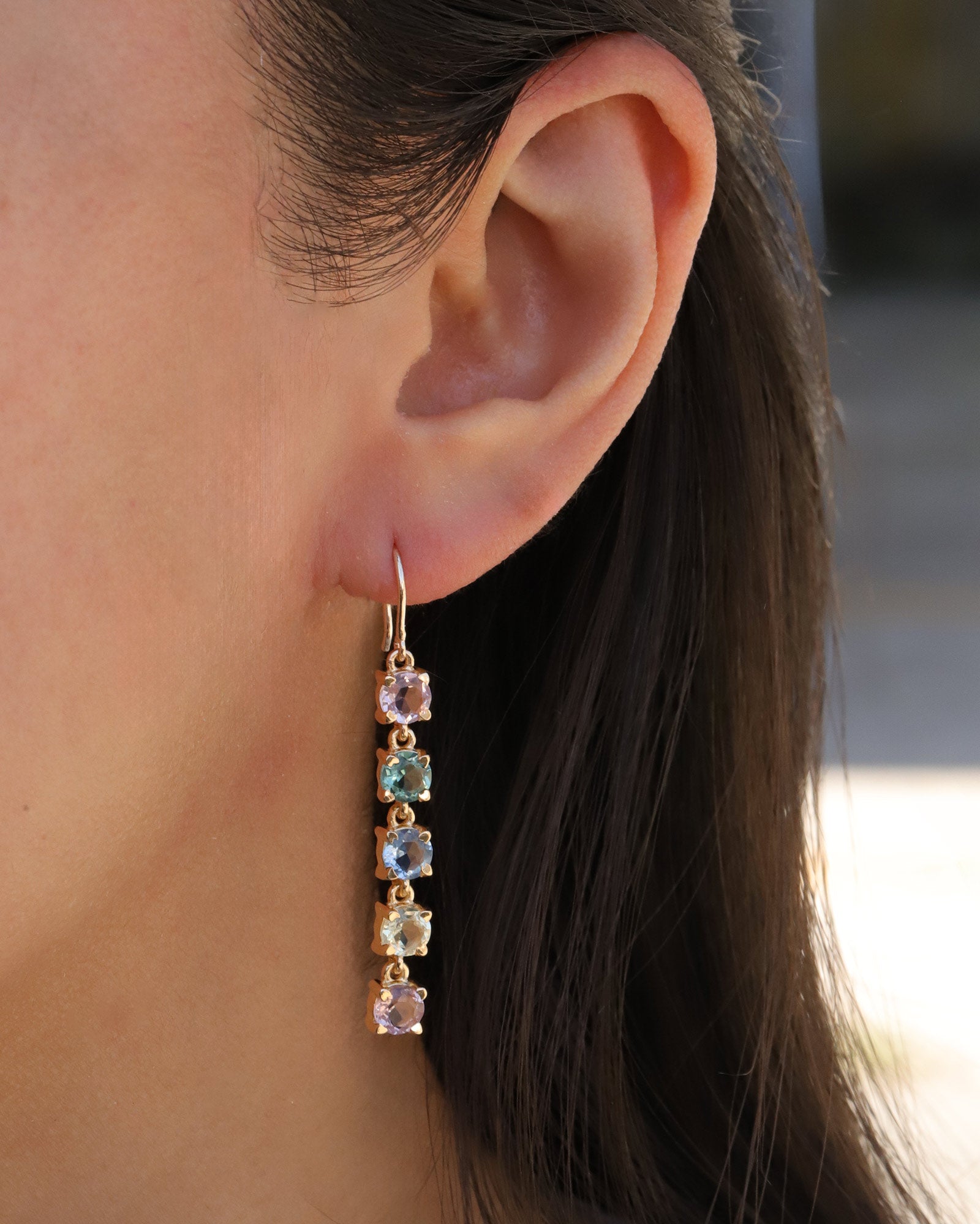 Atelier Mon-Five Stone Drop Hooks-Earrings-14k Gold Plated, Hydro London Blue Topaz-Blue Ruby Jewellery-Vancouver Canada