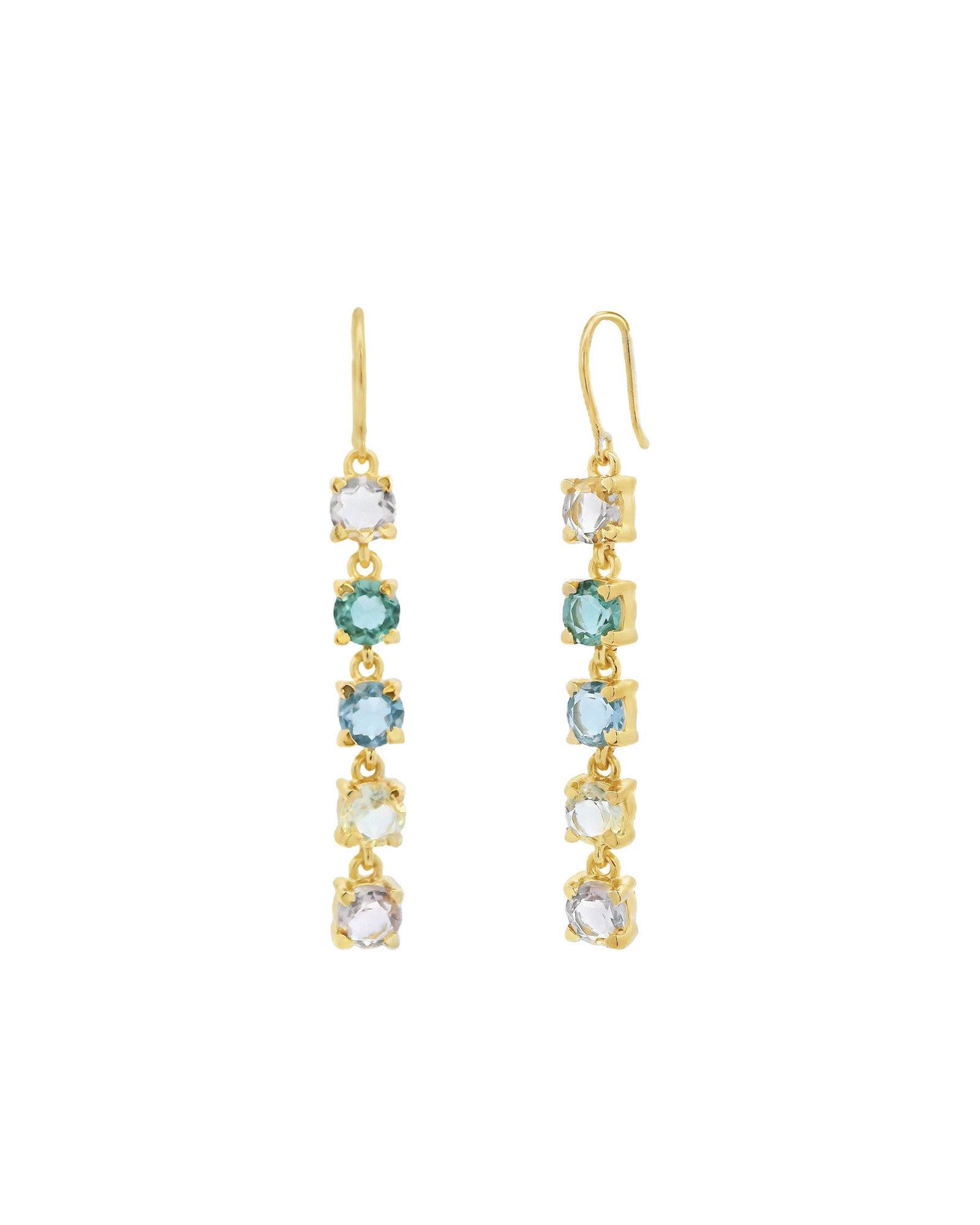 Atelier Mon-Five Stone Drop Hooks-Earrings-14k Gold Plated, Hydro London Blue Topaz-Blue Ruby Jewellery-Vancouver Canada