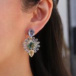 Atelier Mon-Oval Stone Flower Drop Studs-Earrings-14k Gold Plated, Yellow Hydro Quartz-Blue Ruby Jewellery-Vancouver Canada