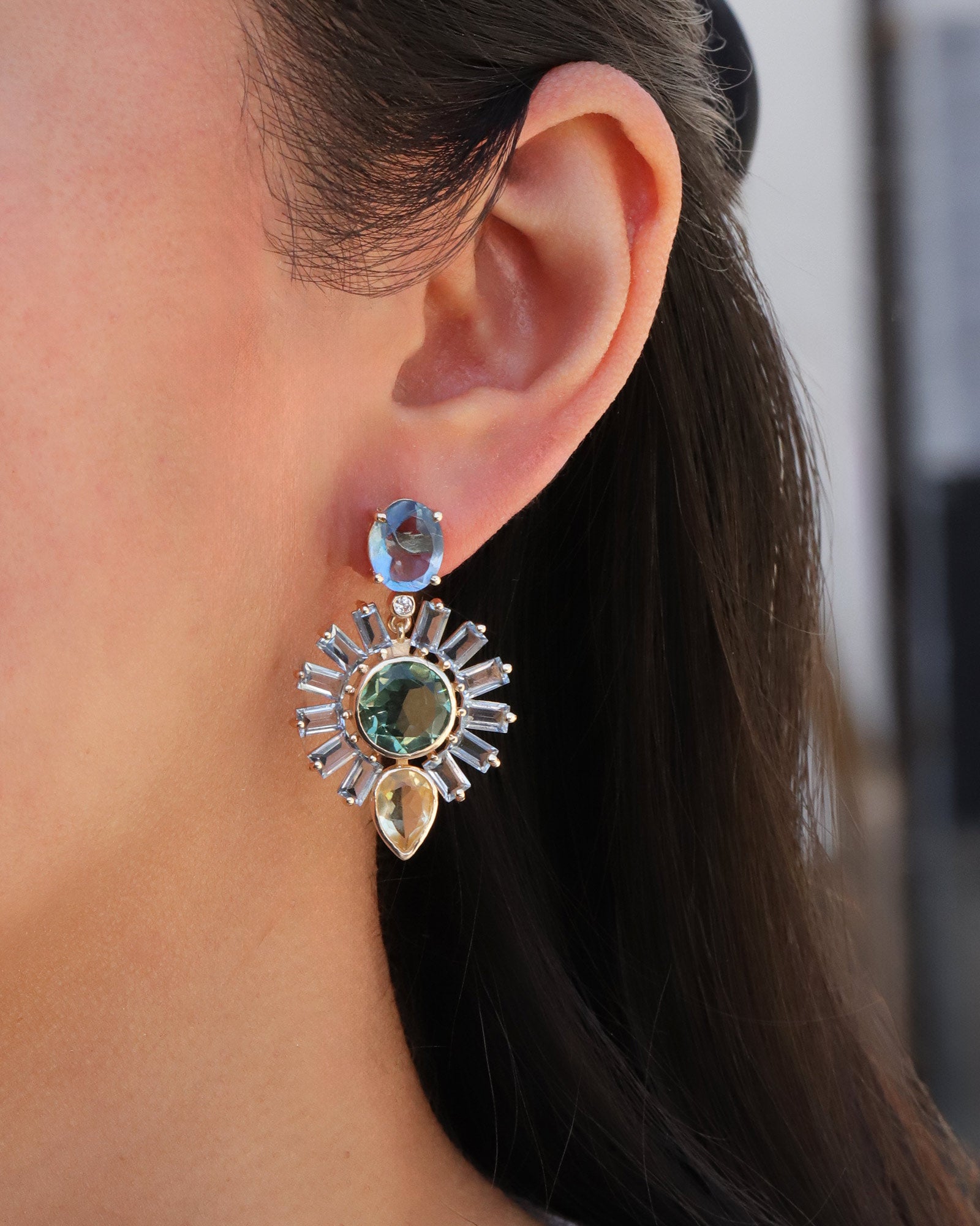 Atelier Mon-Oval Stone Flower Drop Studs-Earrings-14k Gold Plated, Yellow Hydro Quartz-Blue Ruby Jewellery-Vancouver Canada