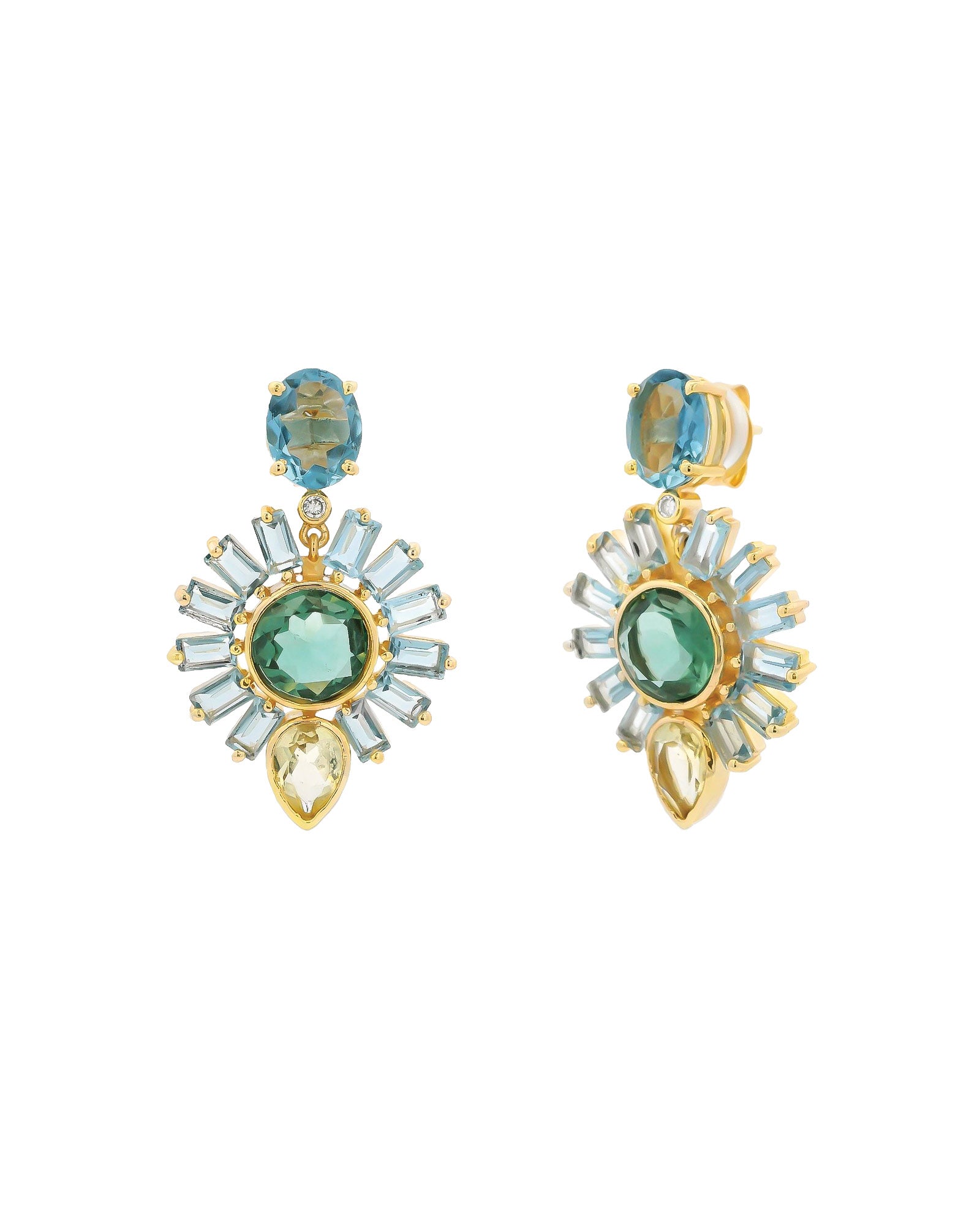 Oval Stone Flower Drop Studs 14k Gold Plated, Yellow Hydro Quartz