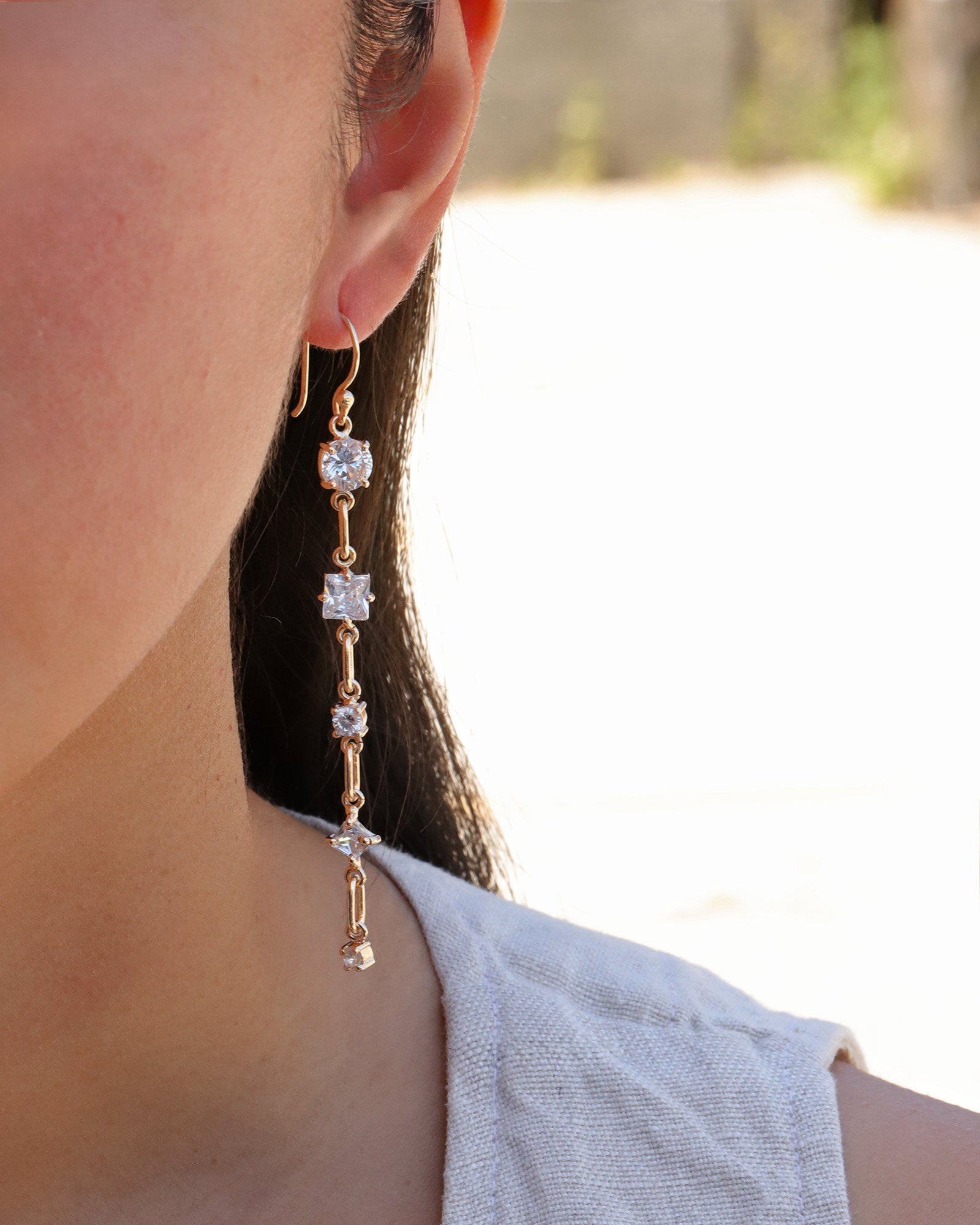 Atelier Mon-Mix CZ Chain Drop Hooks-Earrings-14k Gold Plated, Cubic Zirconia-Blue Ruby Jewellery-Vancouver Canada