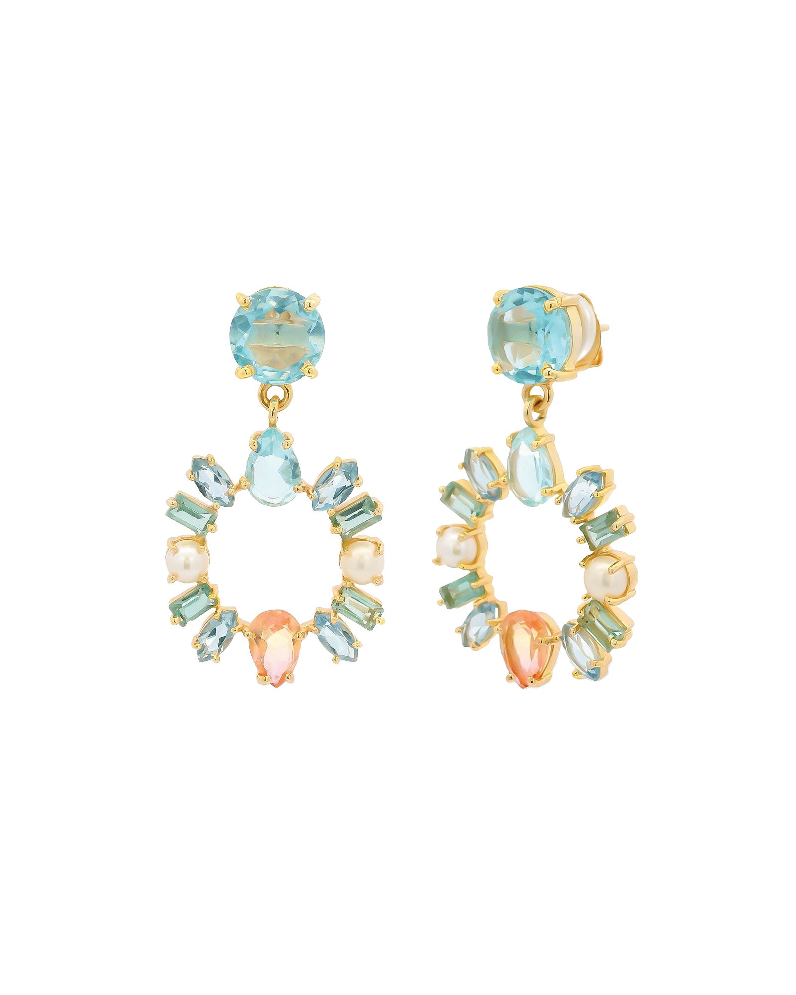 Wreath Stone Drop Studs 14k Gold Plated, Hydro Blue Topaz