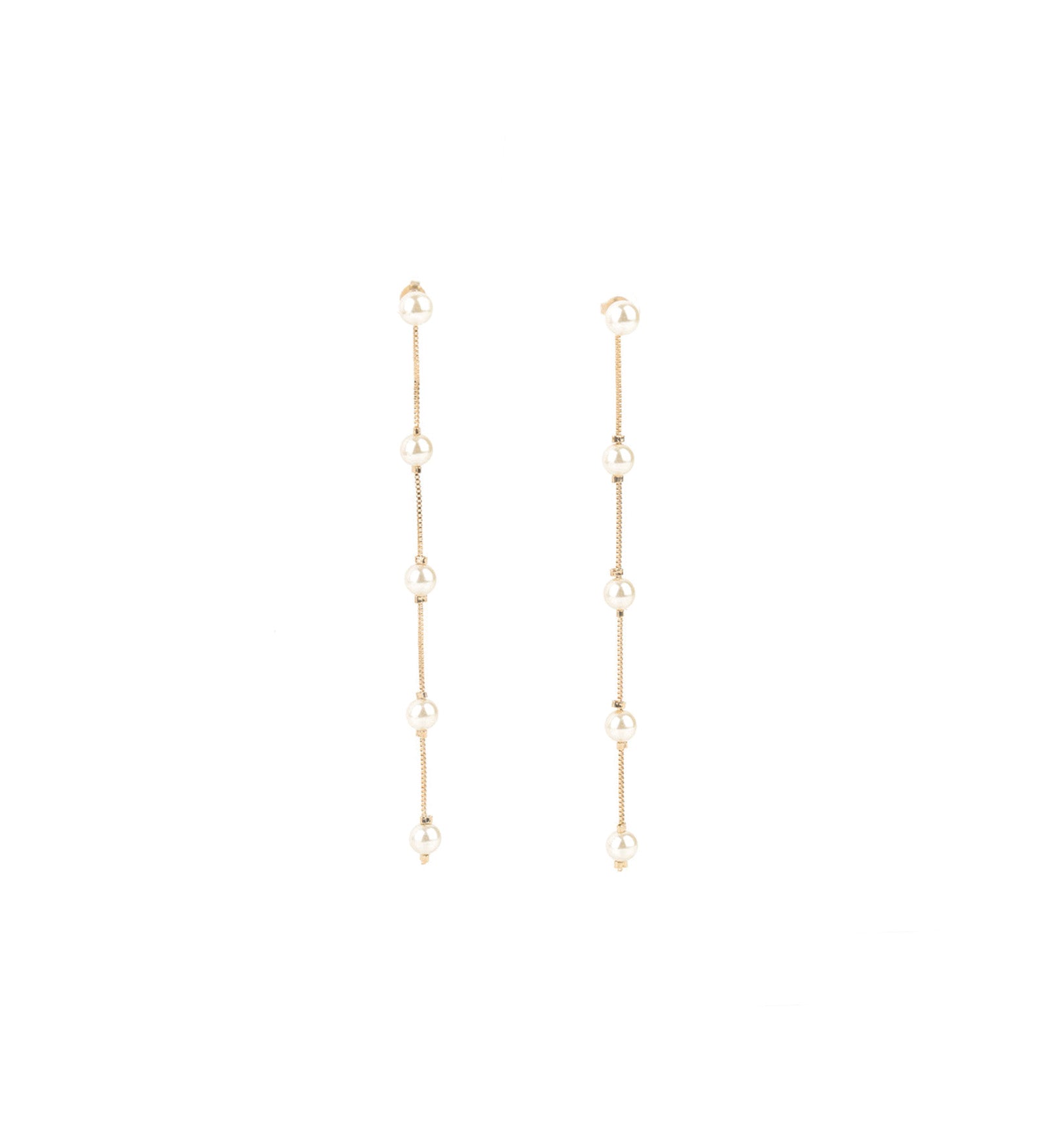 5 Pearl Station Drop Studs 18k Gold Plated, White Pearl