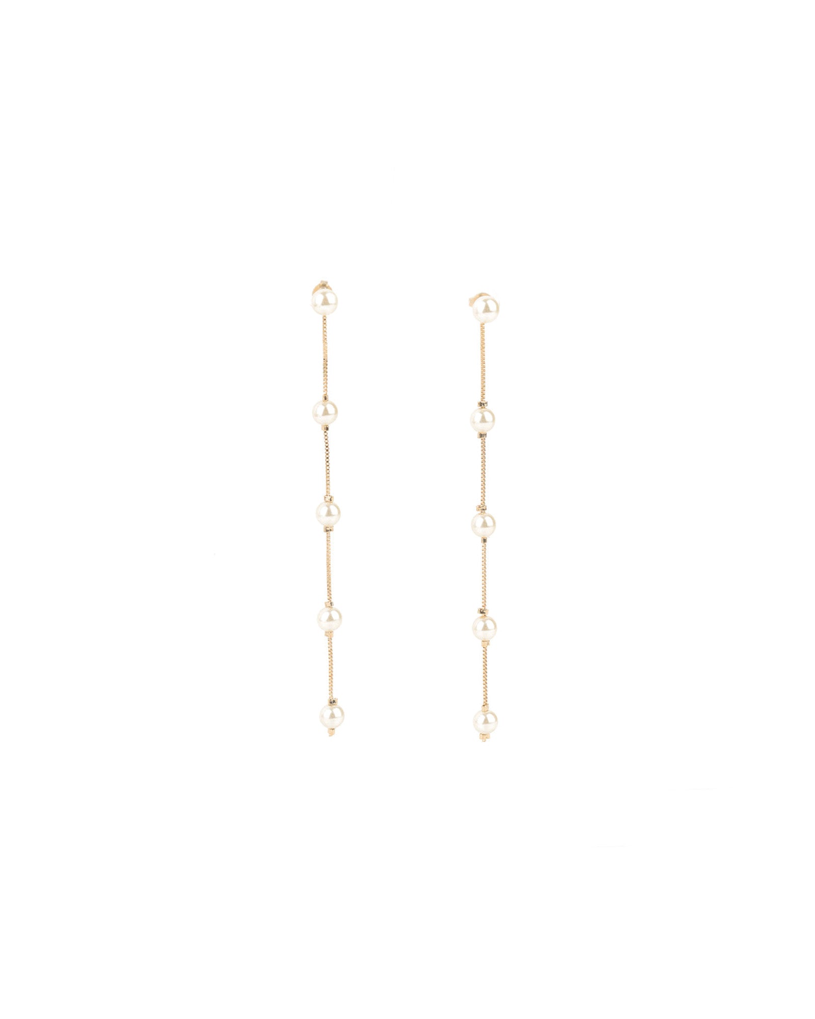 5 Pearl Station Drop Studs 18k Gold Plated, White Pearl