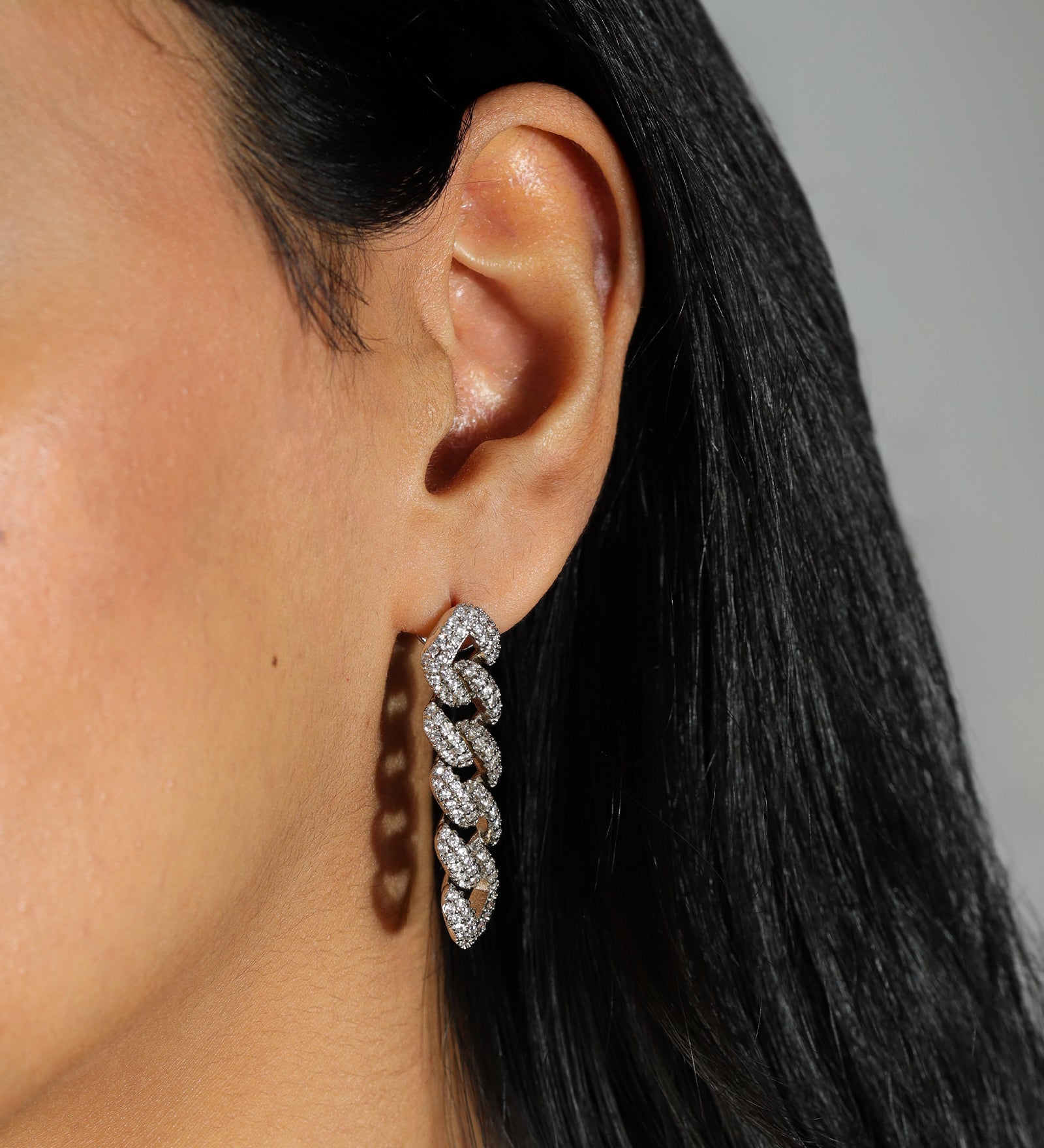Pavé Curb Chain Drop Studs Rhodium Plated, Cubic Zirconia