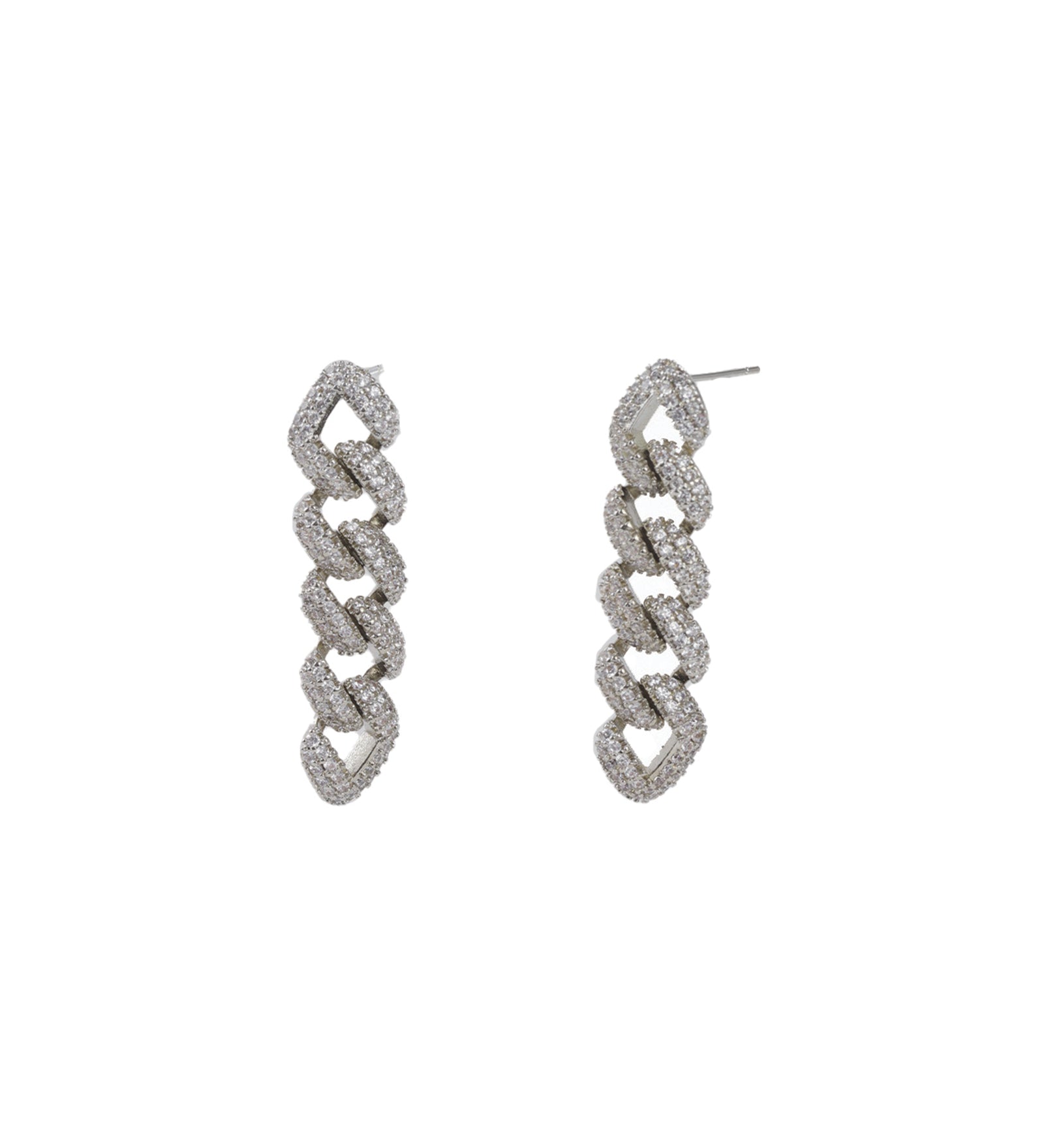 Baseline-Pavé Curb Chain Drop Studs-Earrings-Rhodium Plated, Cubic Zirconia-Blue Ruby Jewellery-Vancouver Canada