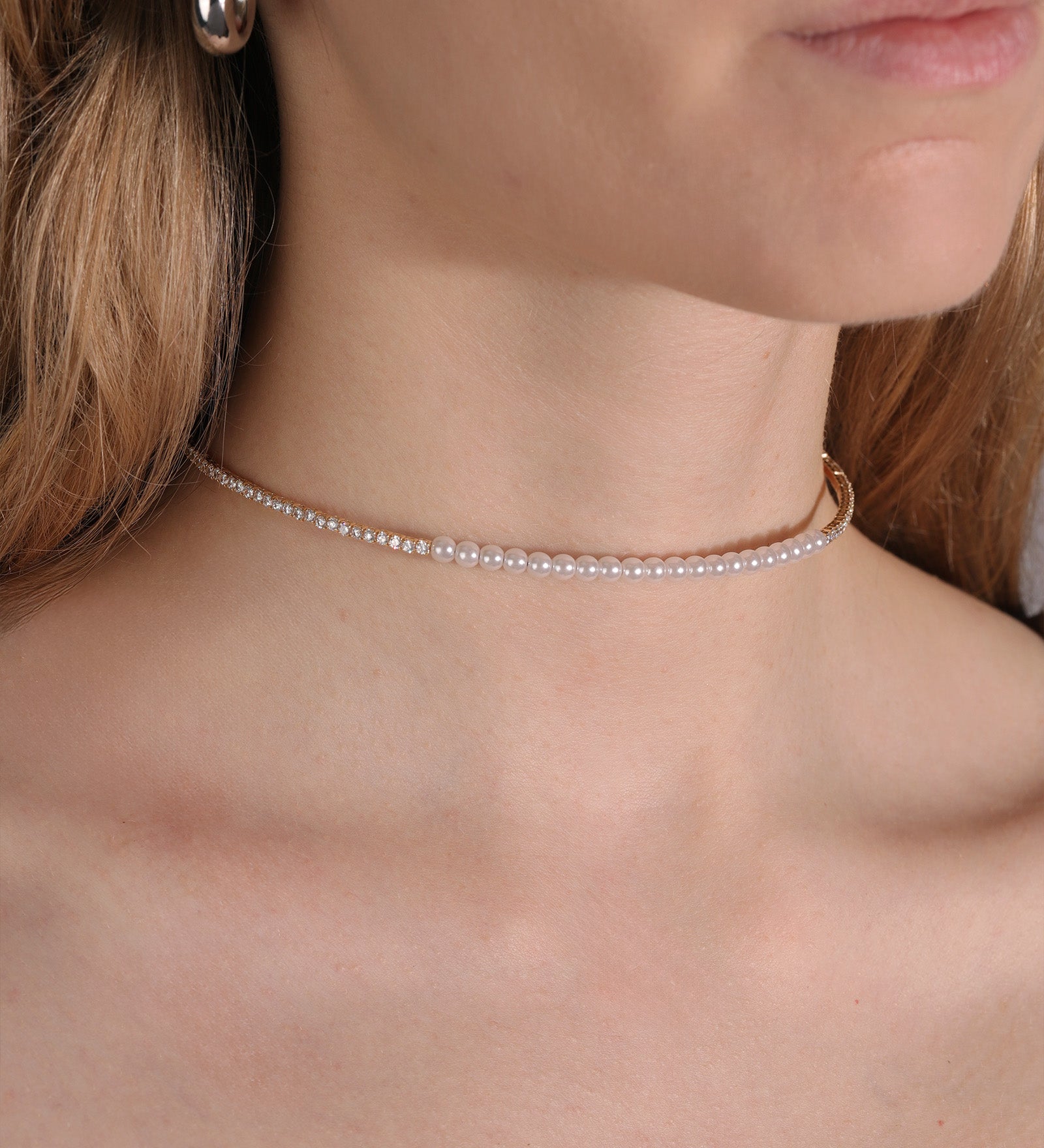 Pearl CZ Choker 18k Gold Plated, Cubic Zirconia