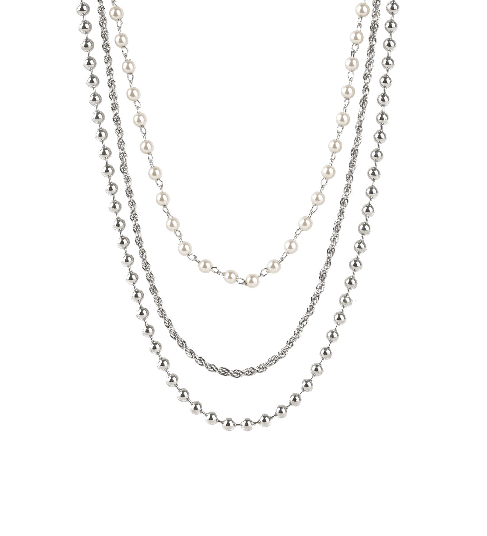 Baseline-3 Row Pearl Bead Chain Necklace-Necklaces-Rhodium Plated, White Pearl-Blue Ruby Jewellery-Vancouver Canada