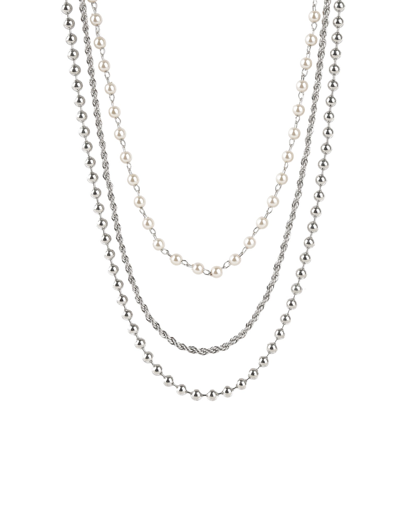 Baseline-3 Row Pearl Bead Chain Necklace-Necklaces-Rhodium Plated, White Pearl-Blue Ruby Jewellery-Vancouver Canada