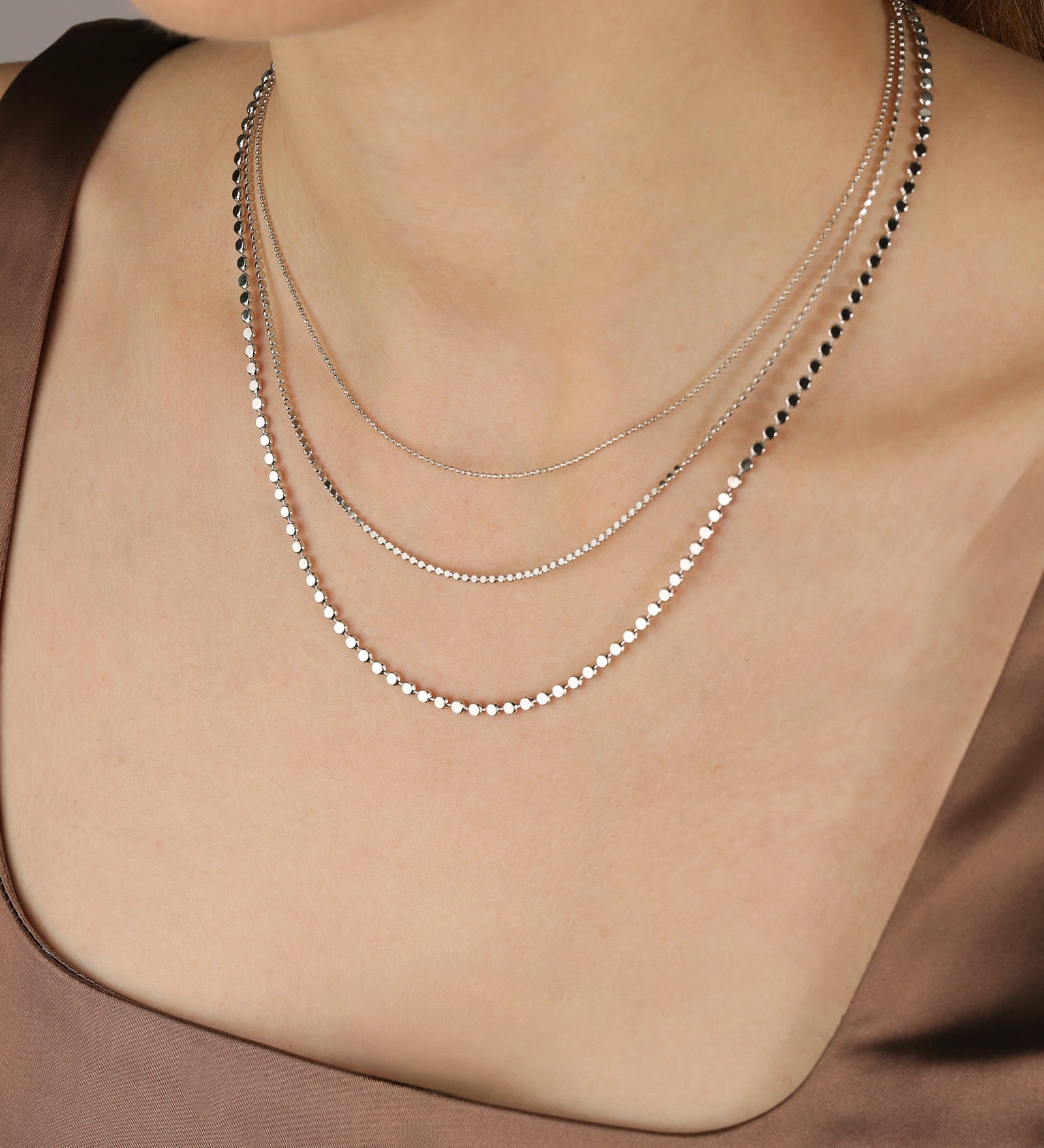 3 Row Ball Disc Necklace Rhodium Plated