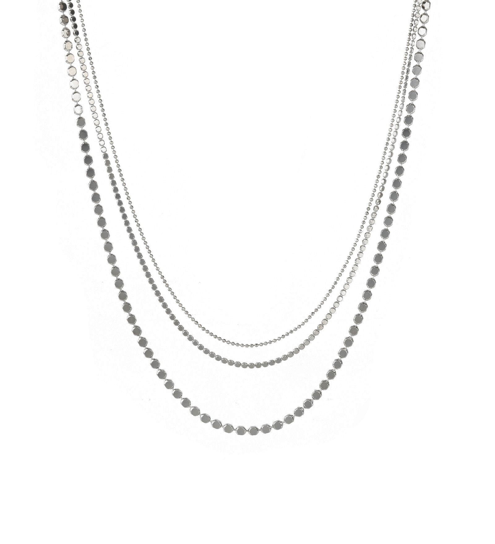 3 Row Ball Disc Necklace Rhodium Plated