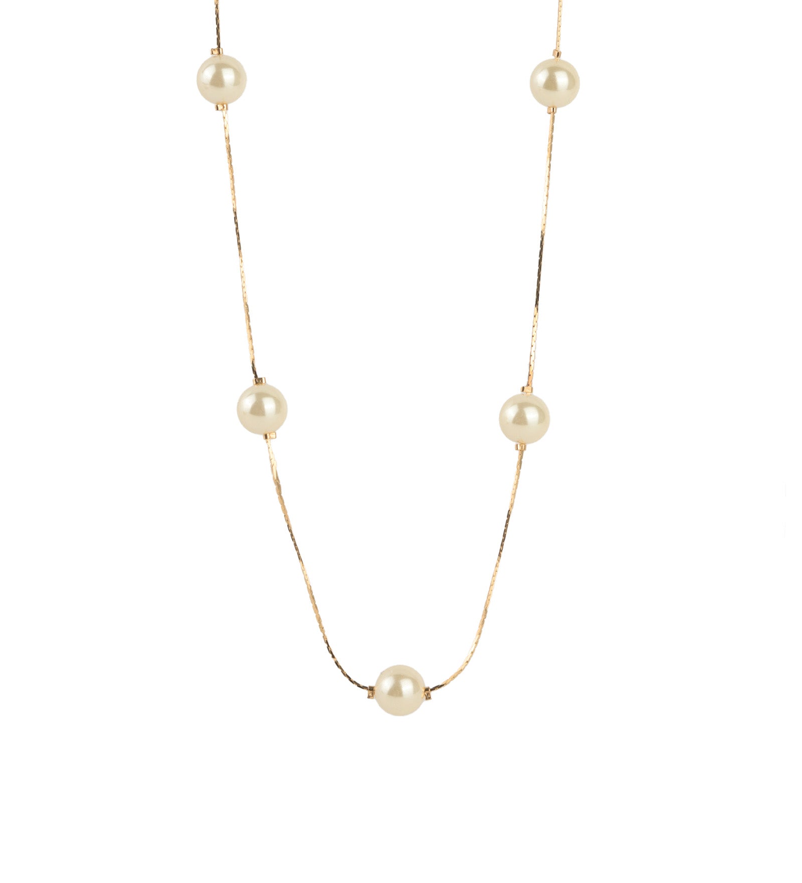 Long Pearl Station Necklace 18k Gold Plated, White Pearl