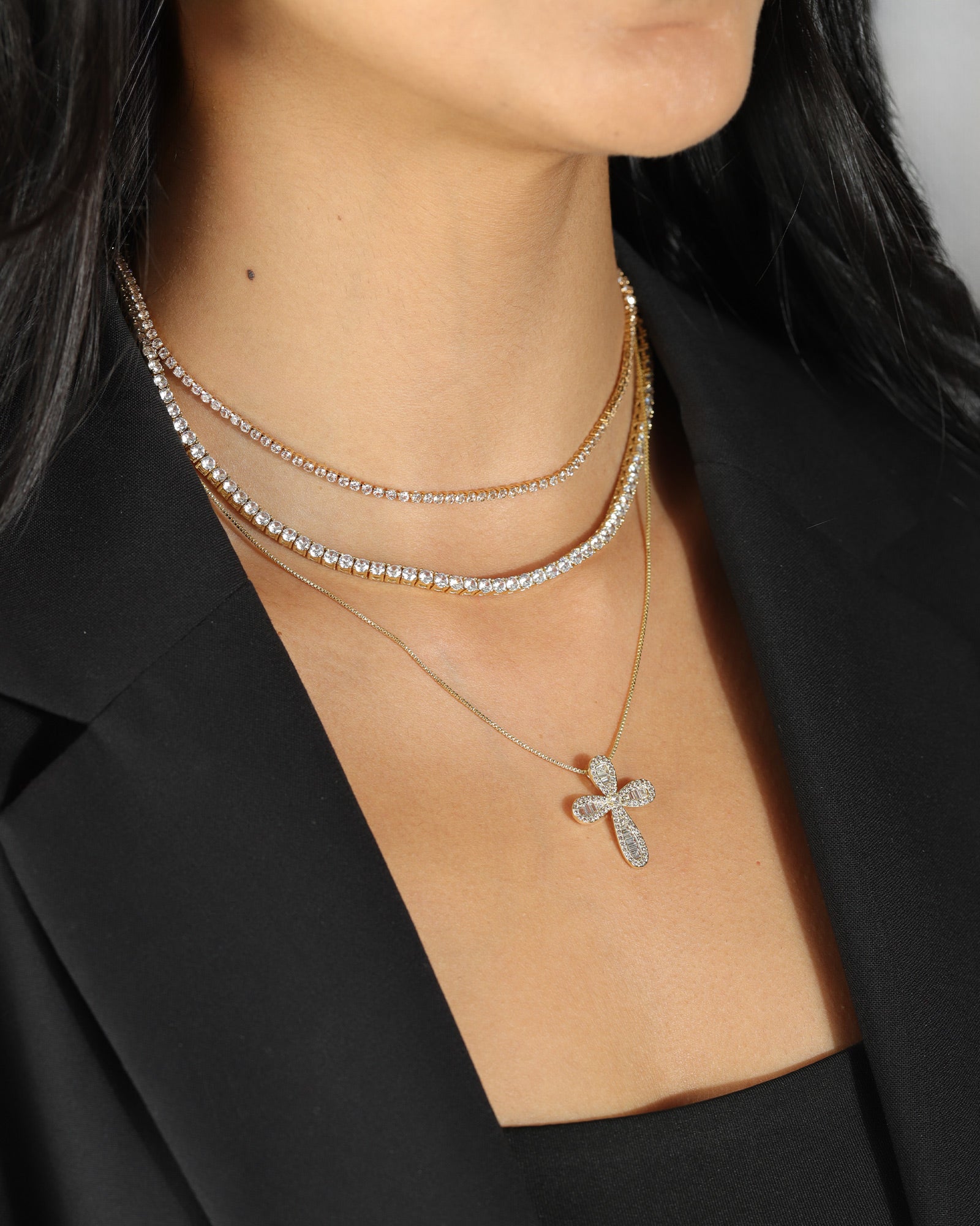 Pavé Baguette Cross Necklace 18k Gold Plated, Cubic Zirconia