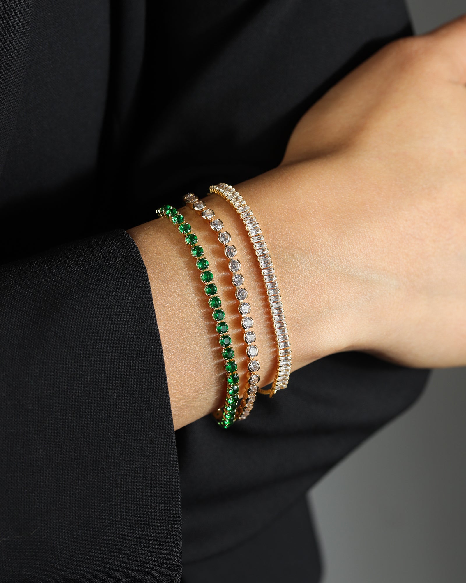 Round CZ Pull Bracelet 18k Gold Plated, Emerald Cubic Zirconia