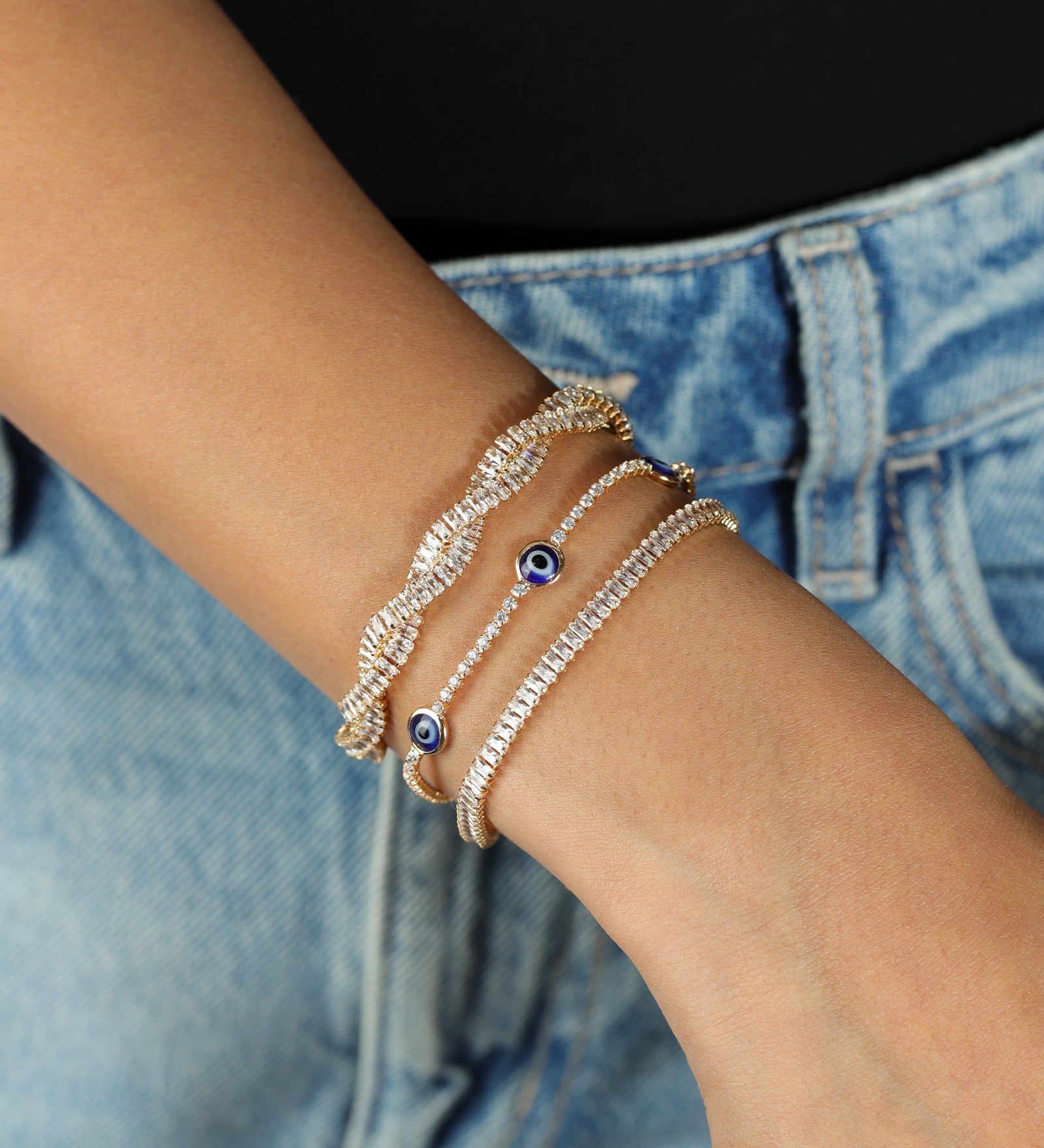 Three Evil Eye CZ Tennis Bracelet 18k Gold Plated, Cubic Zirconia
