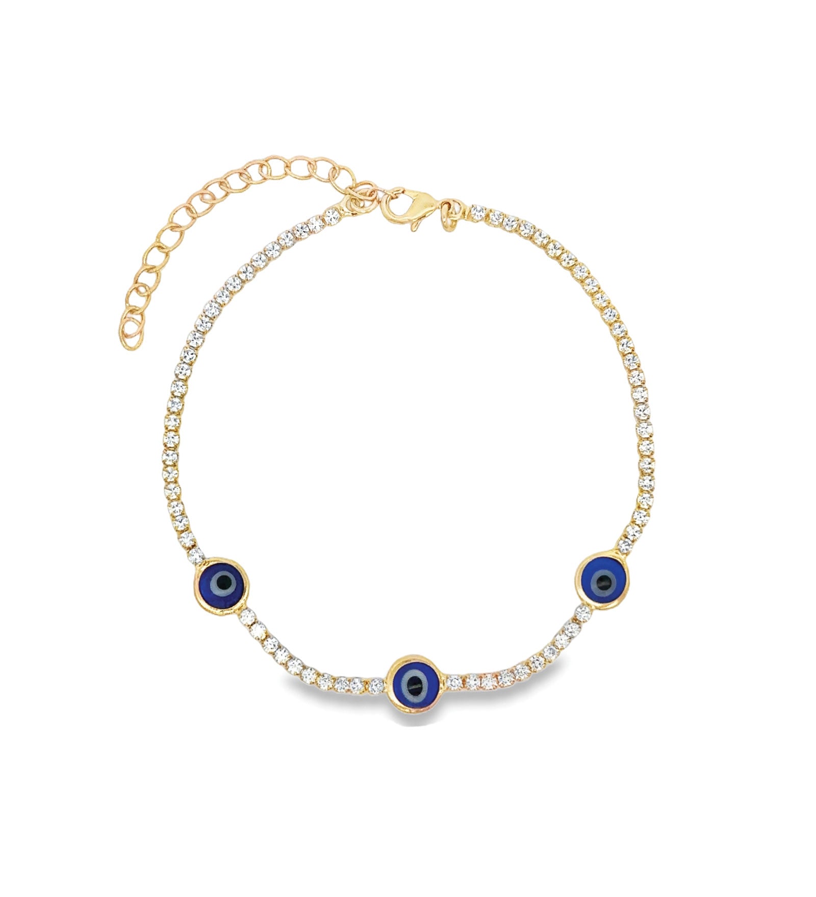 Three Evil Eye CZ Tennis Bracelet 18k Gold Plated, Cubic Zirconia