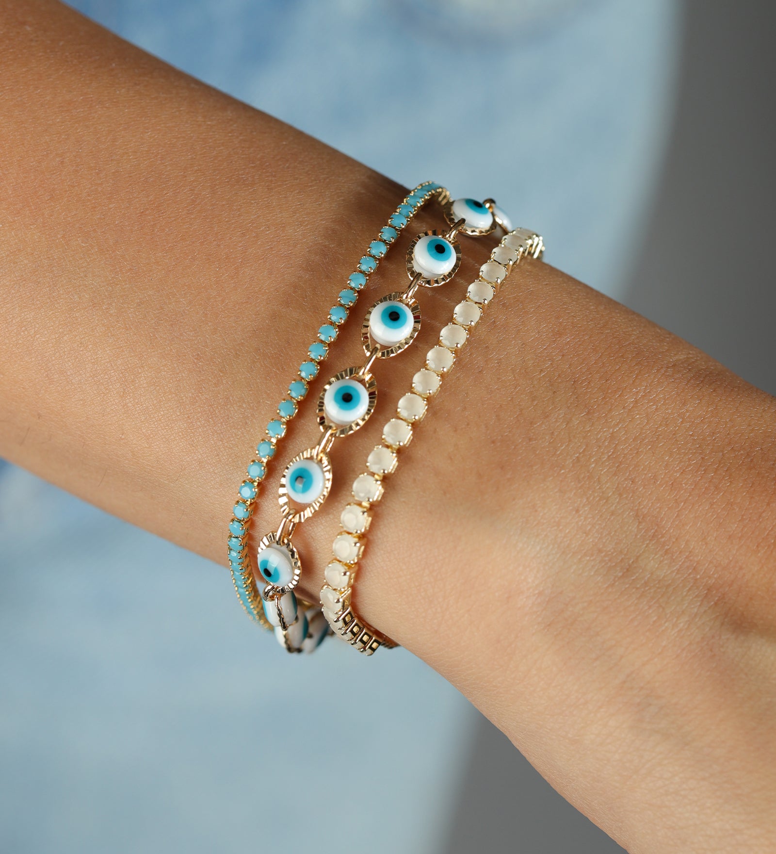 Station Evil Eye Bracelet 18k Gold Plated, White Enamel