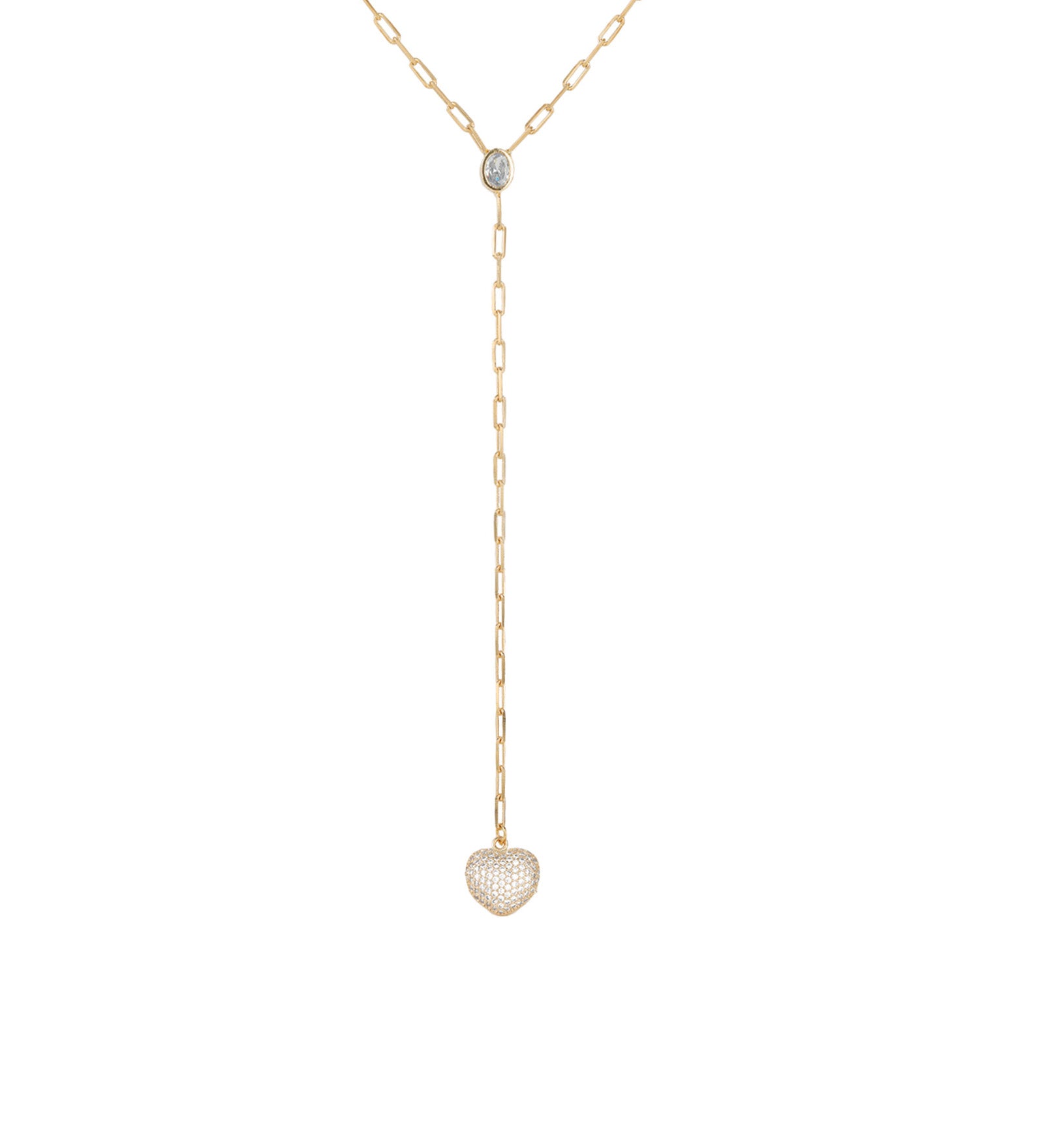 Pavé Heart Paperclip Lariat 18k Gold Plated, Cubic Zirconia