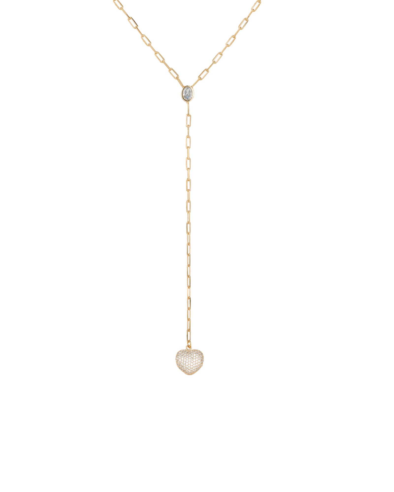 Pavé Heart Paperclip Lariat 18k Gold Plated, Cubic Zirconia