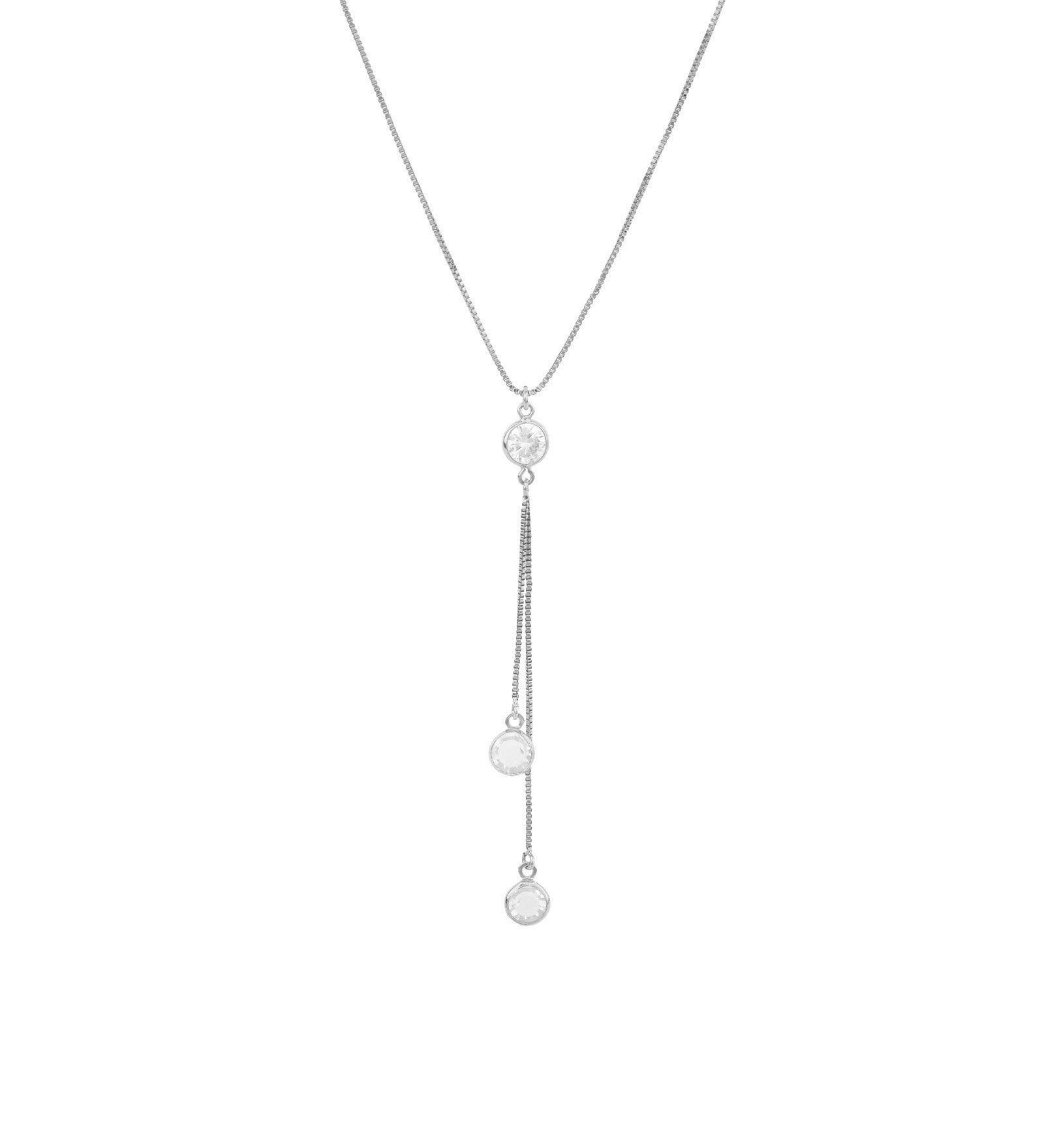 Baseline-Three CZ Drop Y Necklace-Necklaces-Rhodium Plated, Cubic Zirconia-Blue Ruby Jewellery-Vancouver Canada