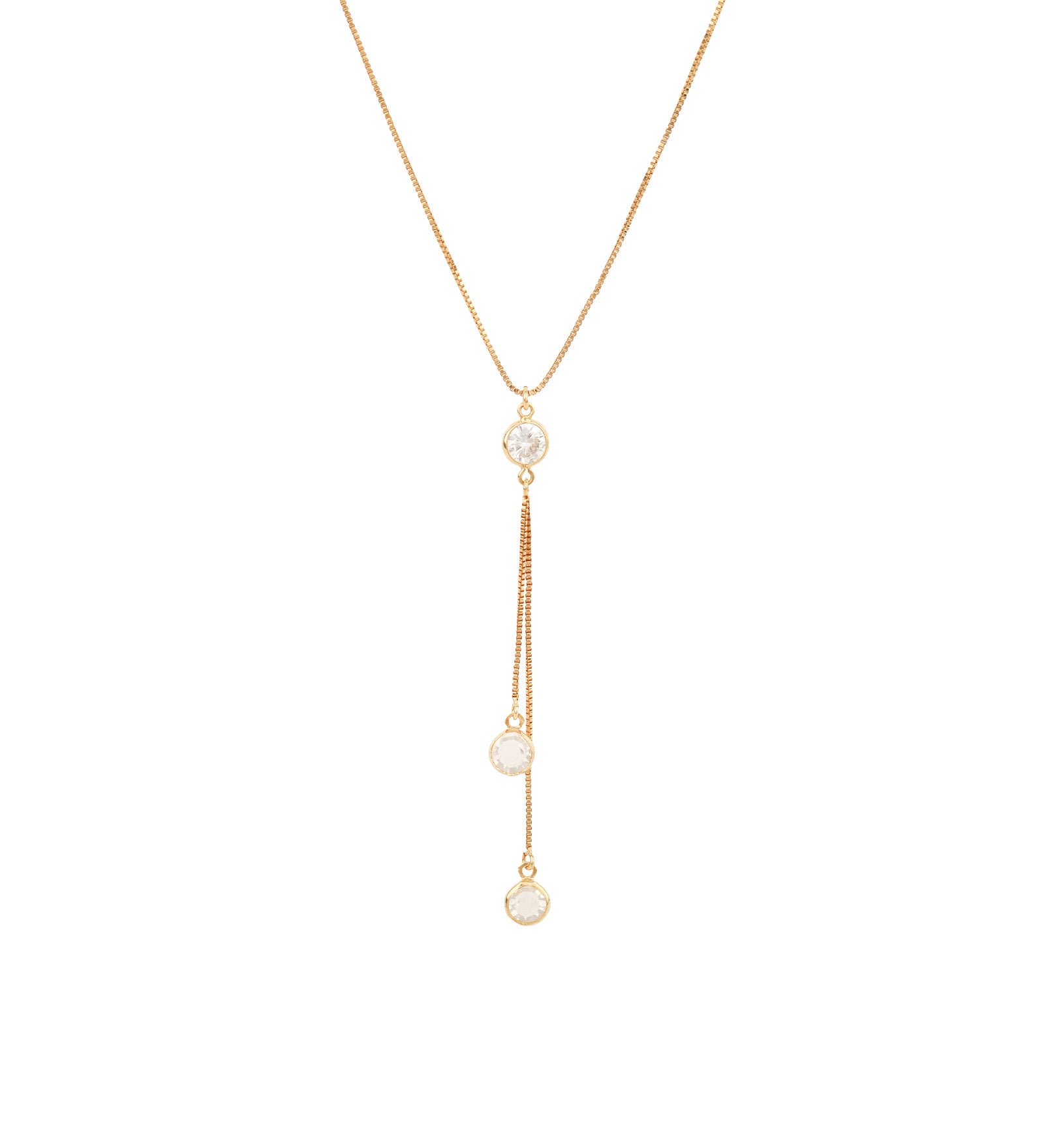 Baseline-Three CZ Drop Y Necklace-Necklaces-18k Gold Plated, Cubic Zirconia-Blue Ruby Jewellery-Vancouver Canada