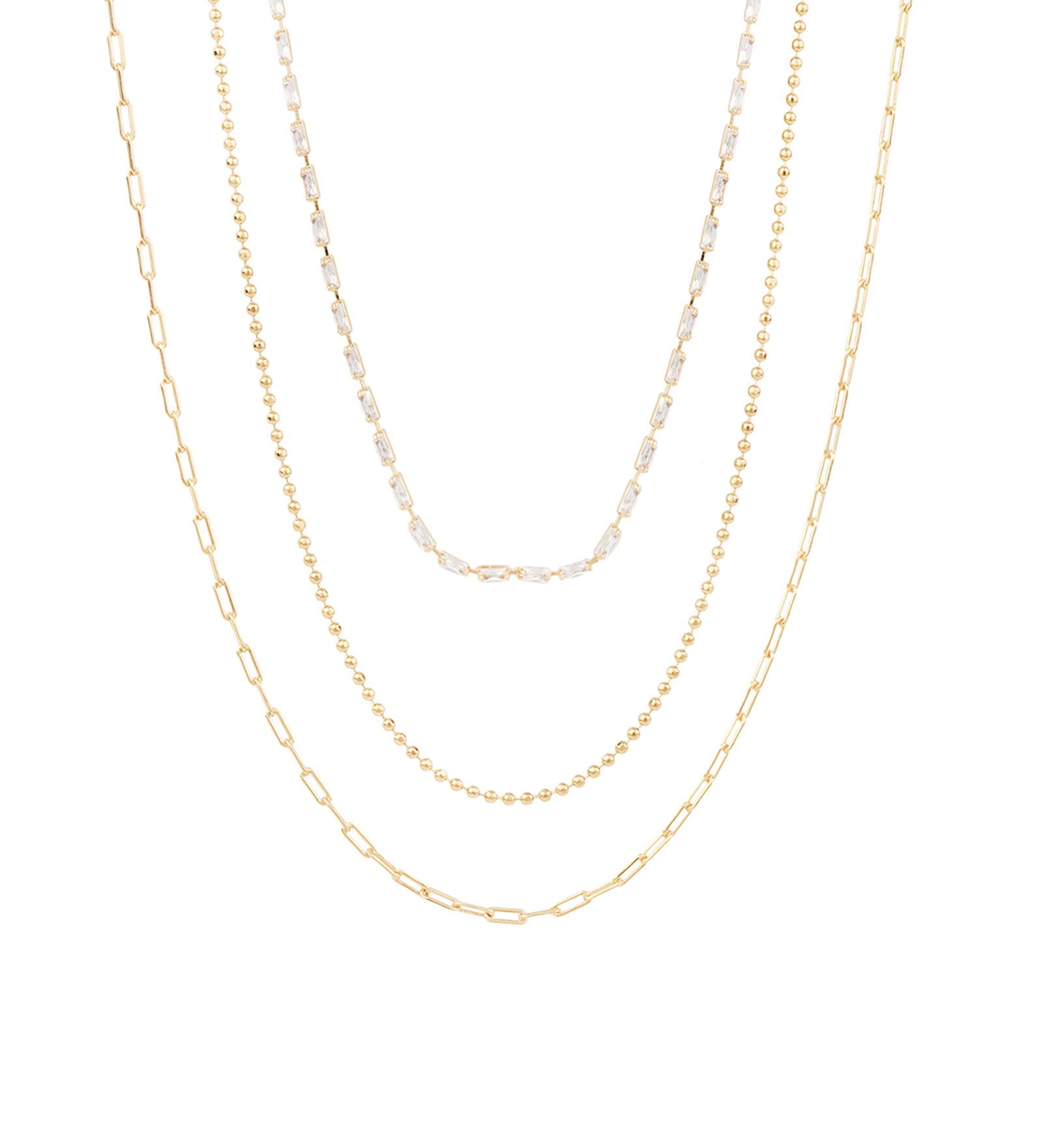 Baseline-Three Row Mixed Chain Necklace-Necklaces-18k Gold Plated, Cubic Zirconia-Blue Ruby Jewellery-Vancouver Canada