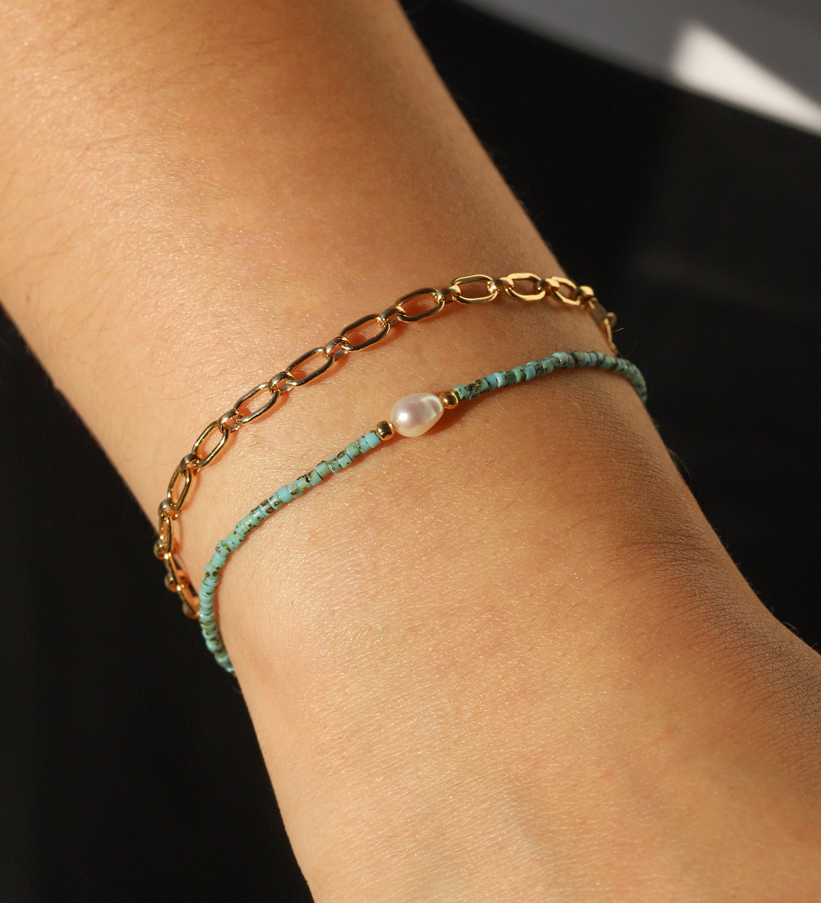 Miyuki Bracelet Gold Plated, Turquoise, White Pearl