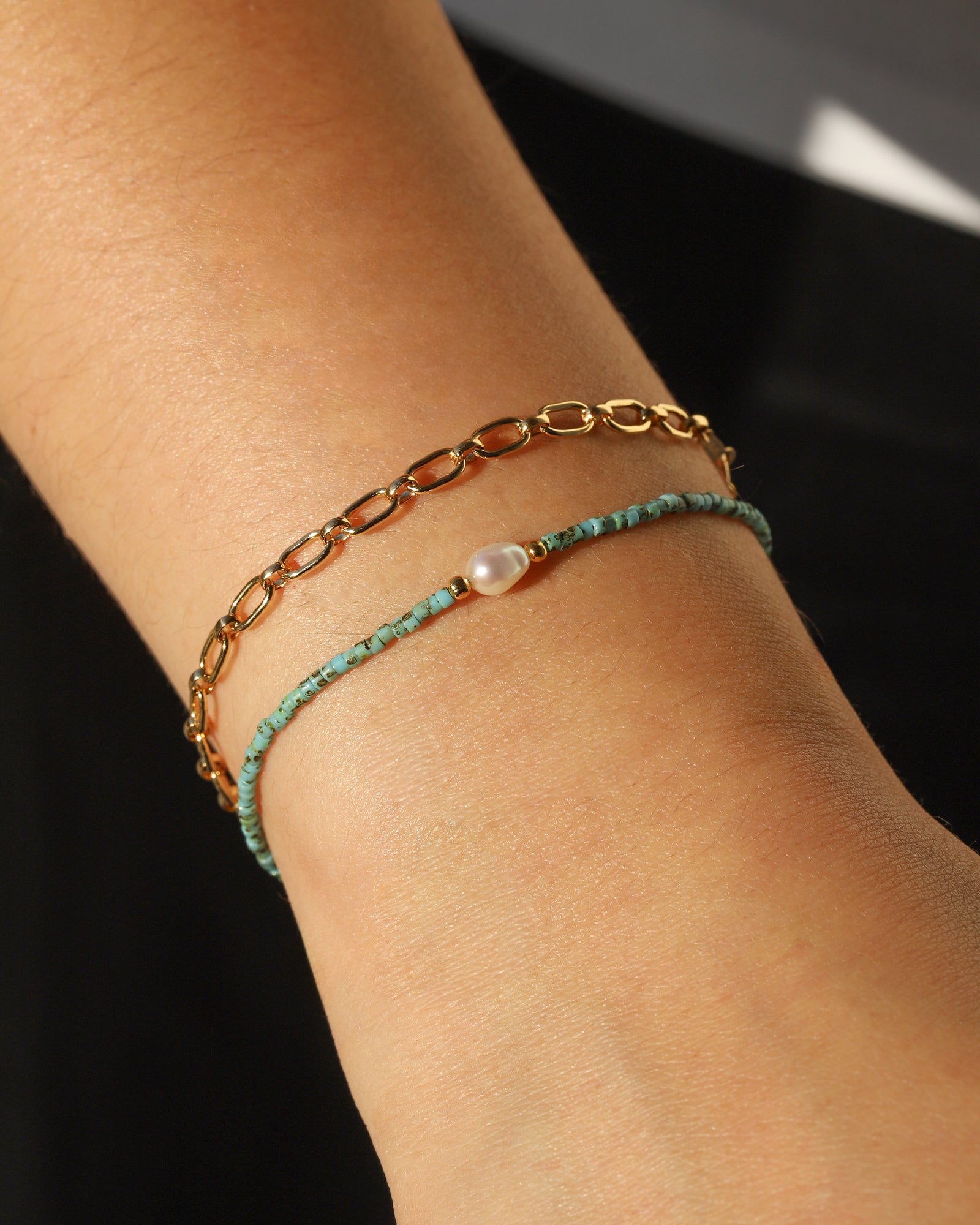 Miyuki Bracelet Gold Plated, Turquoise, White Pearl