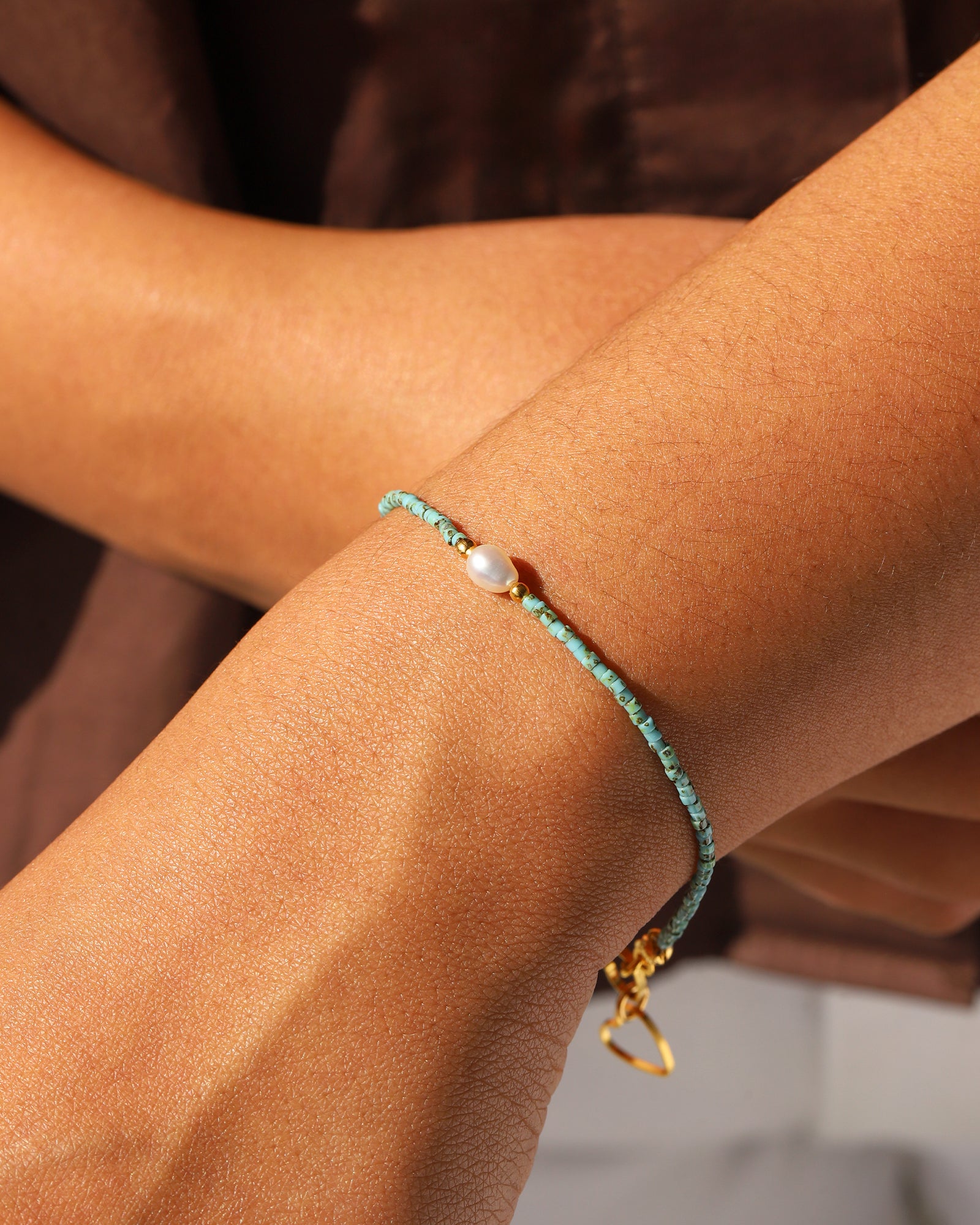 Miyuki Bracelet Gold Plated, Turquoise, White Pearl