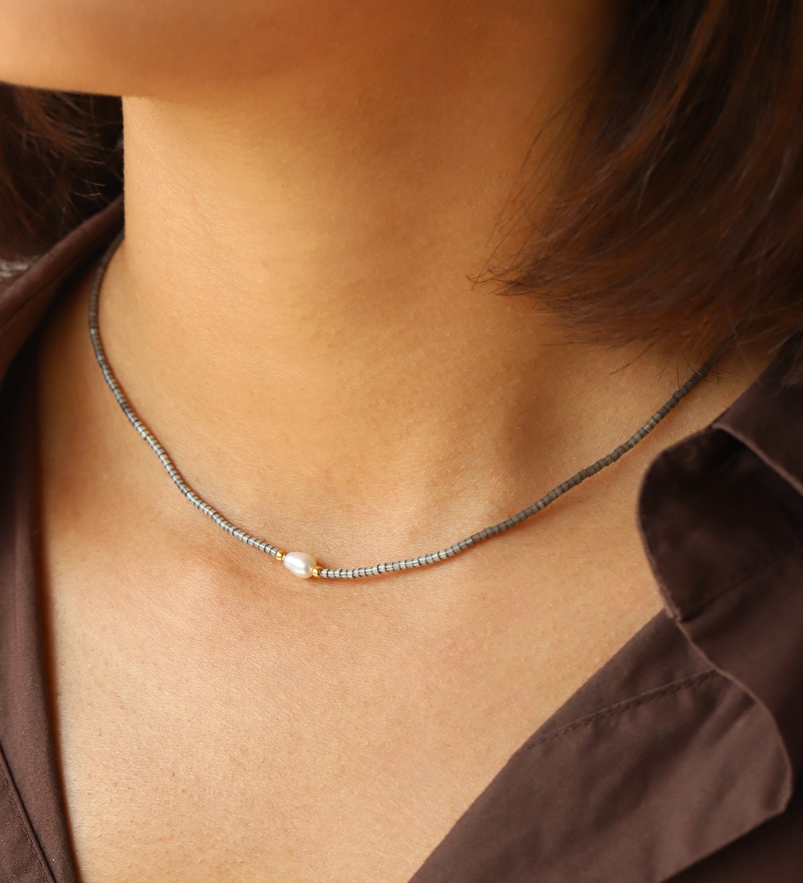 Miyuki Pearl Necklace Gold Plated, Miyuki Bead, White Pearl